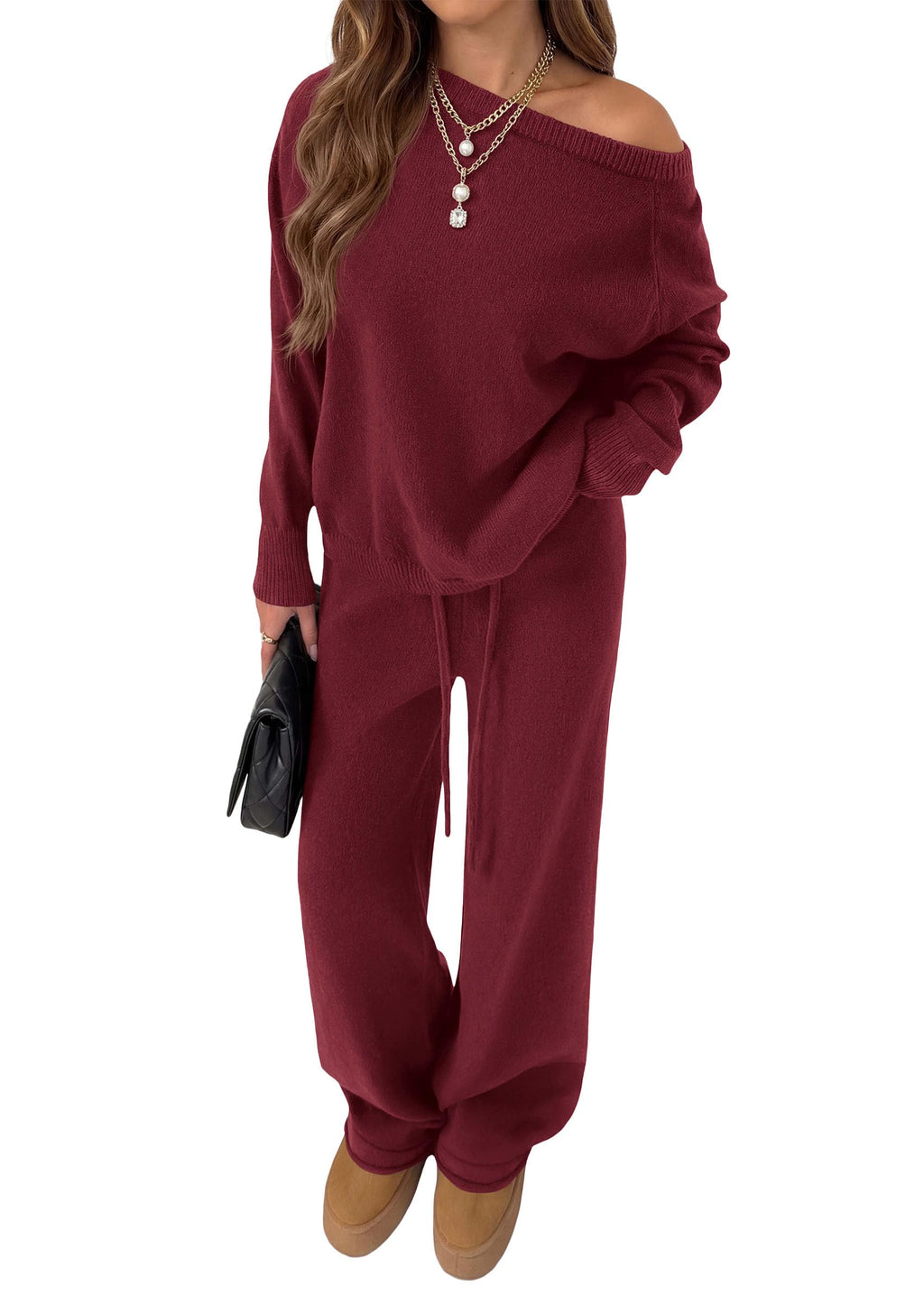 PRETTYGARDEN Lounge Sets Womens Sweaters Two Piece Outfits Cozy Boat Neck Long Sleeve Tops, Wide Leg Pants with Drawstring, Casual Fall Fashion Airport & Travel, Knit Matching Set