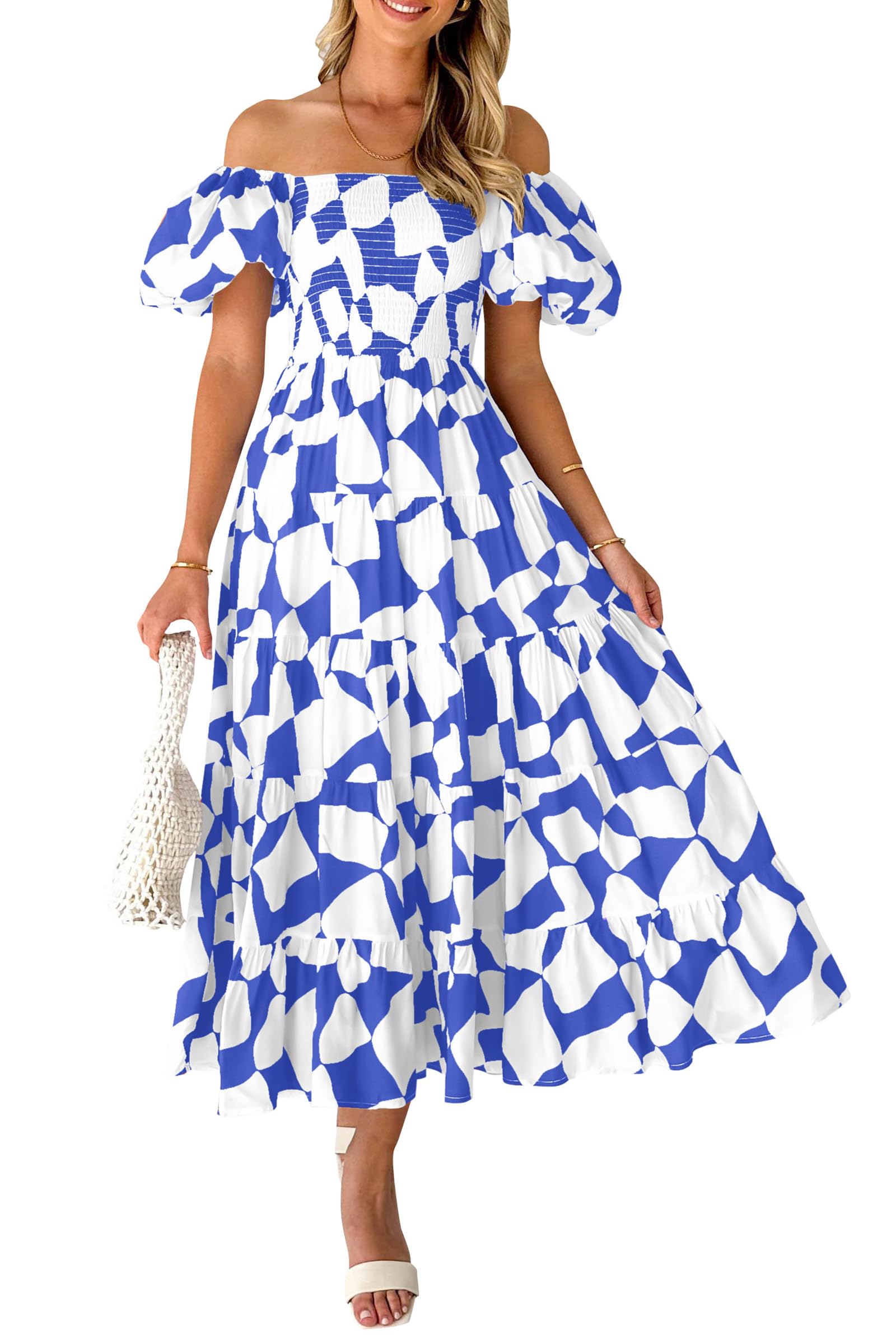 PRETTYGARDEN Women's Summer Boho Midi Dress Off Shoulder Puff Sleeve Print Smocked Ruffle Beach Long Flowy Dresses