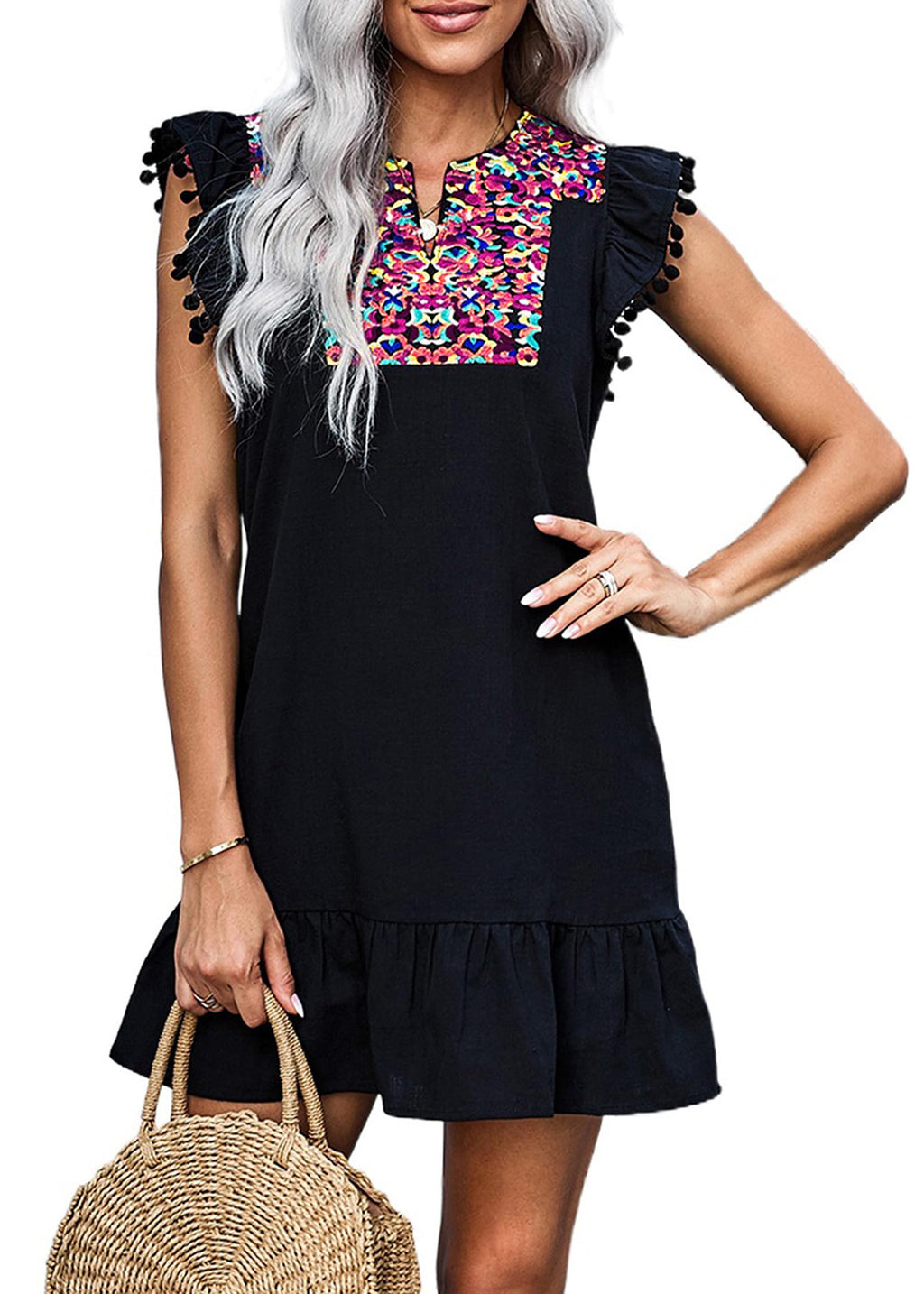 FreshPretty Women's Summer Mini Dress Casual V Neck Floral Embroidered Ruffle Sleeveless Shift Flowy Boho Dress