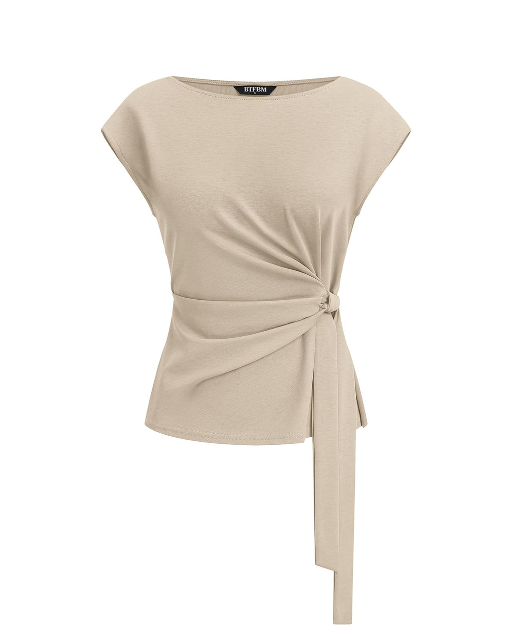 BTFBM Womens Tops Summer Cap Sleeve Crew Neck Tie Waist Blouses Dressy Casual Business Work Clothes Spring Fashion