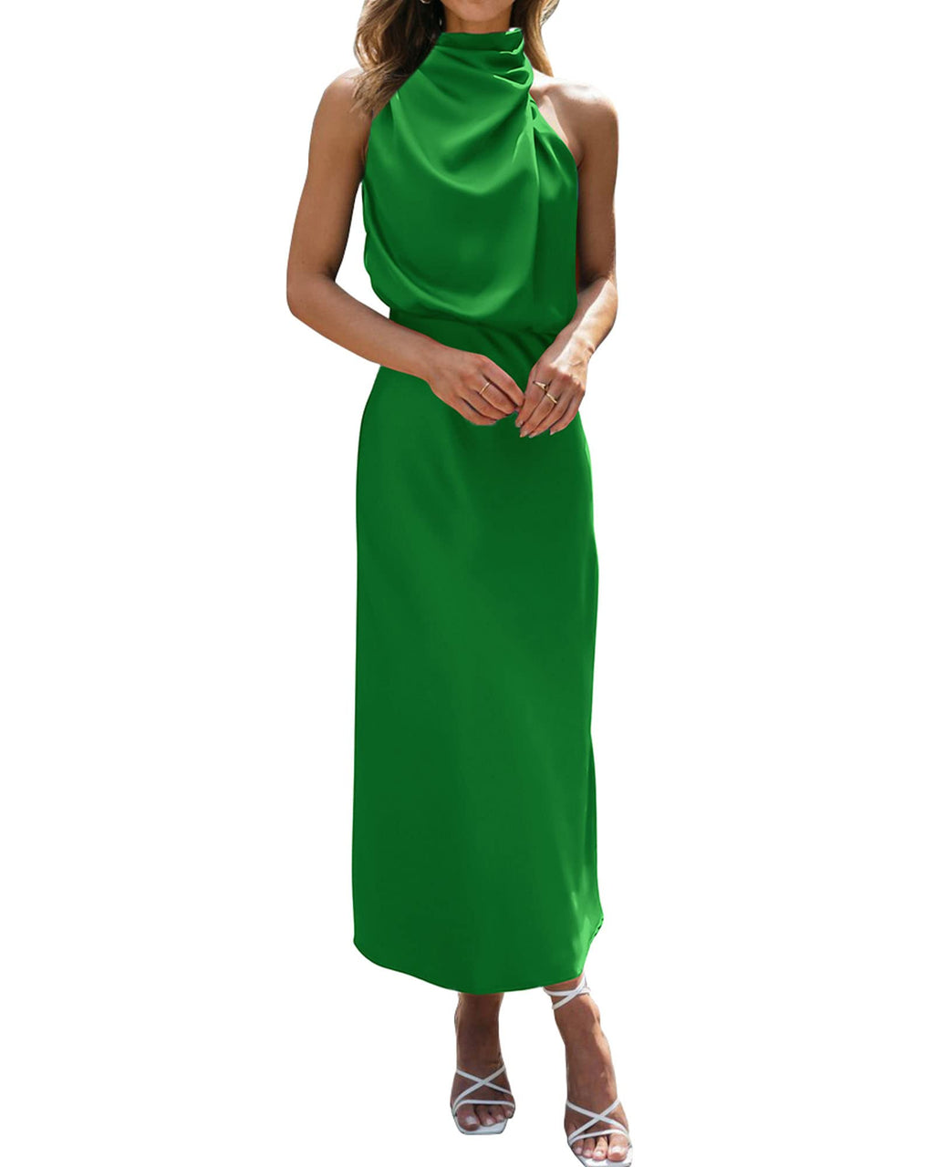 BTFBM Cocktail Dresses for Women Summer Satin Silk Sleeveless Mock Neck Maxi Wedding Guest Dress Spring Outfits