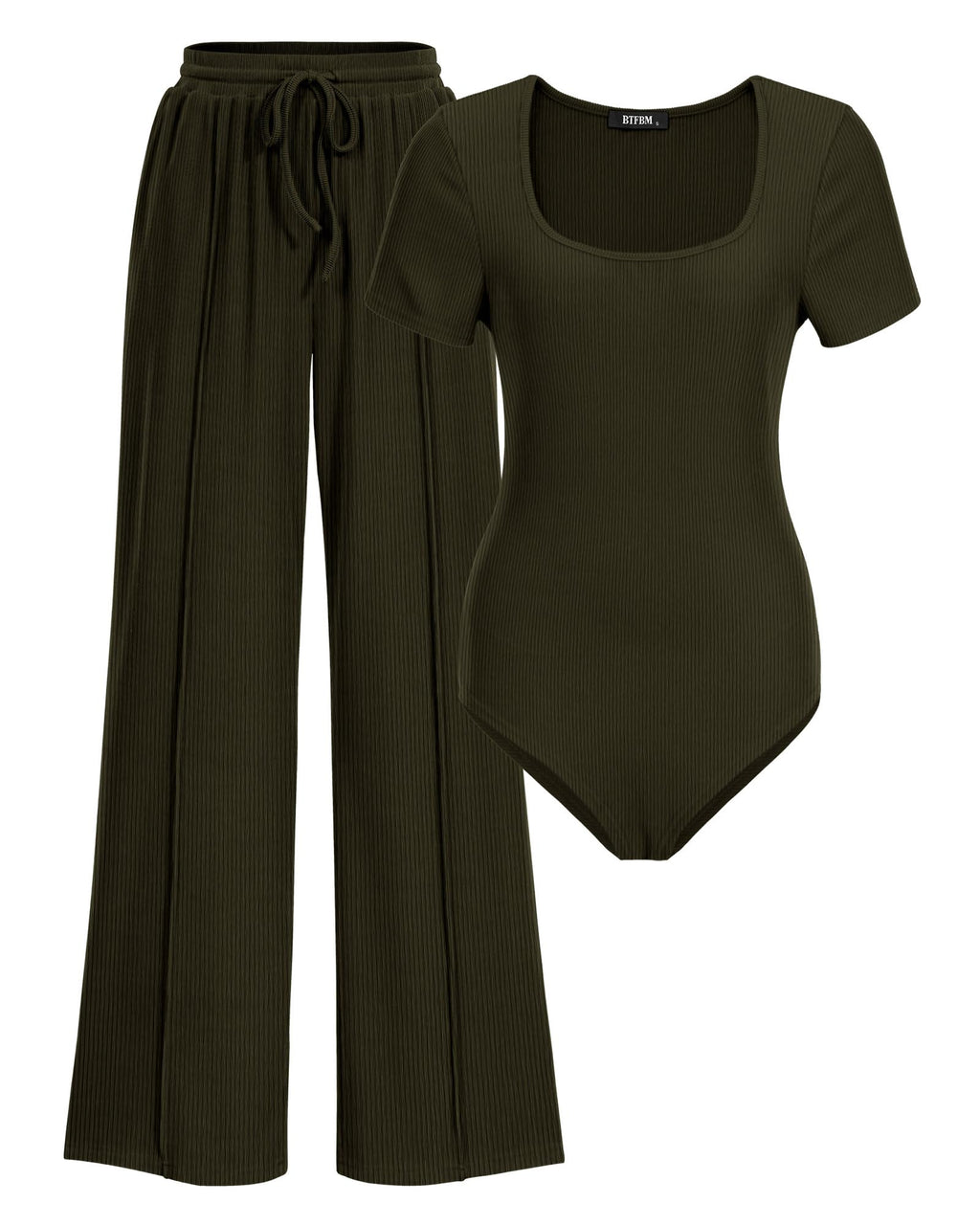BTFBM Womens Summer 2 Piece Outfits Square Neck Short Sleeve Drawstring Pants Knit Spring Lounge Matching Sets