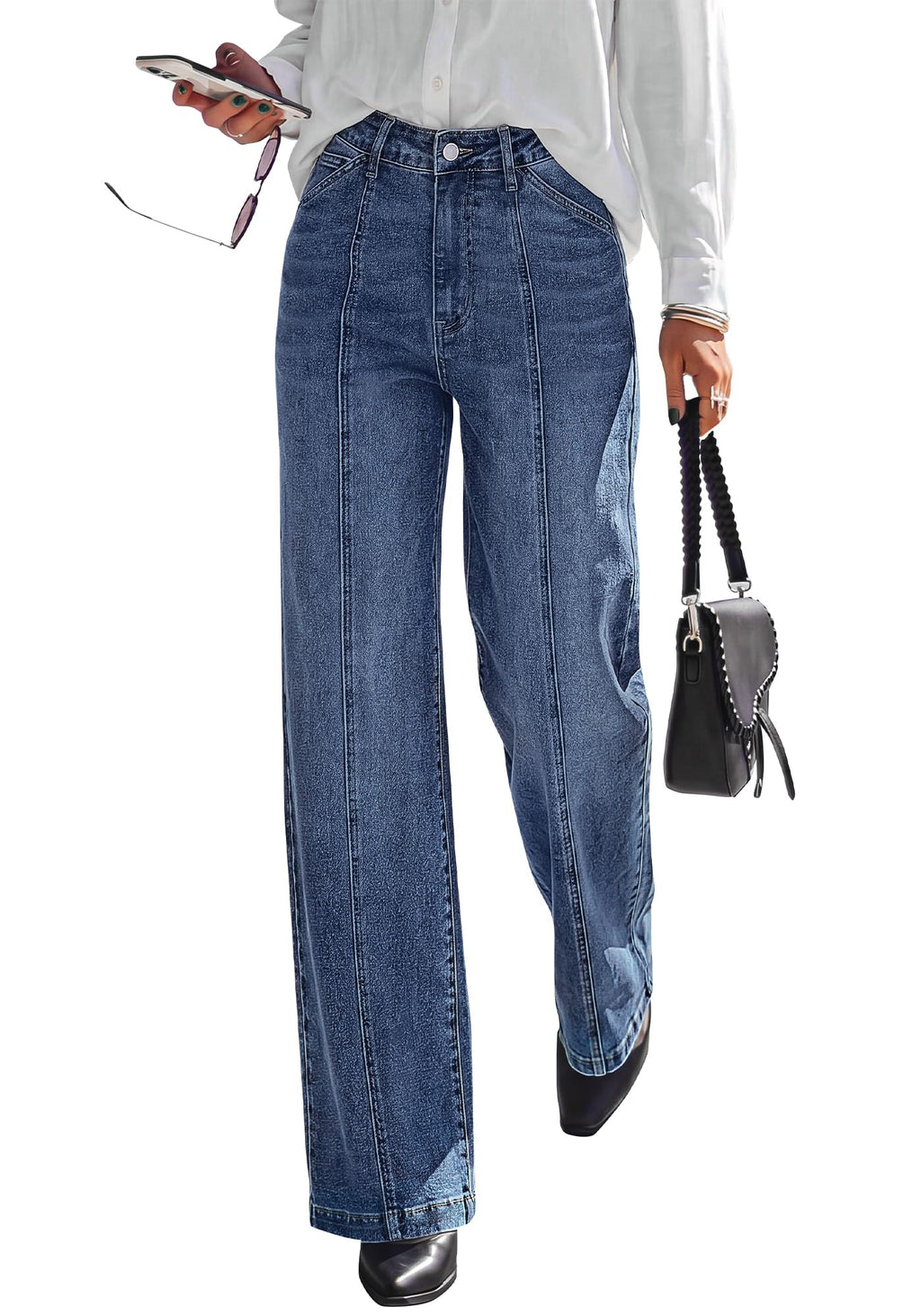 BTFBM Front Seam Stretchy Wide Straight Leg Jeans for Women Trendy Boyfriend Baggy Denim Jeans, High Waisted Palazzo Pants, 5-Pocket, Relaxed Fit, Full Length, Casual Bottoms, Fall Outfits