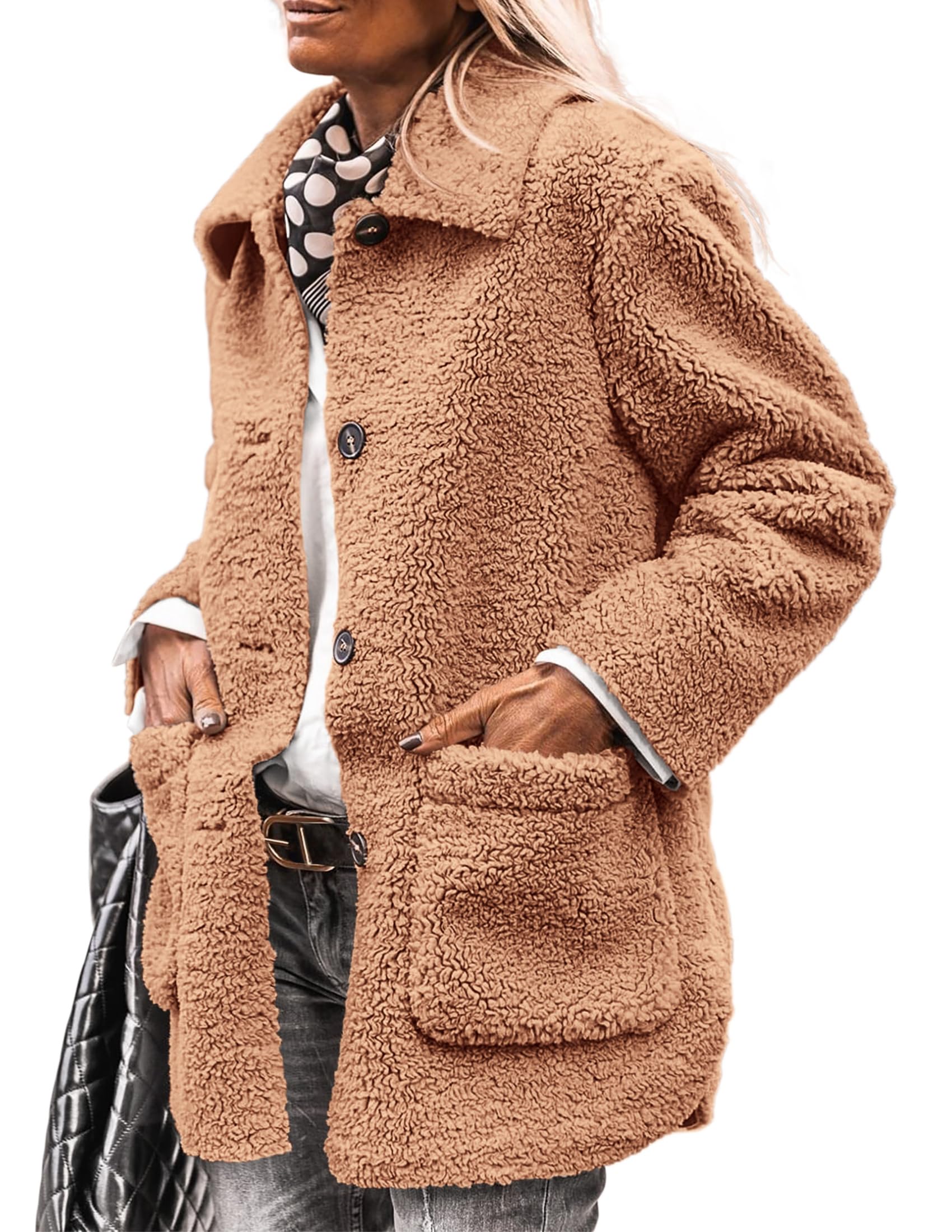 PRETTYGARDEN Women's Winter Faux Fur Coats Long Sleeve Lapel Button Down Pockets Fleece Sherpa Jacket Casual Trendy Outerwear