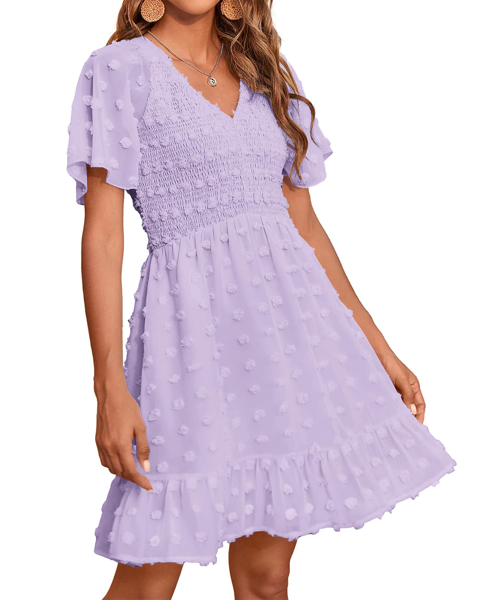 FreshPretty Womens Beach Vacation Dress Summer V Neck Short Sleeve Smocked Swiss Dot Cute Ruffle Casual Fall Mini Dresses