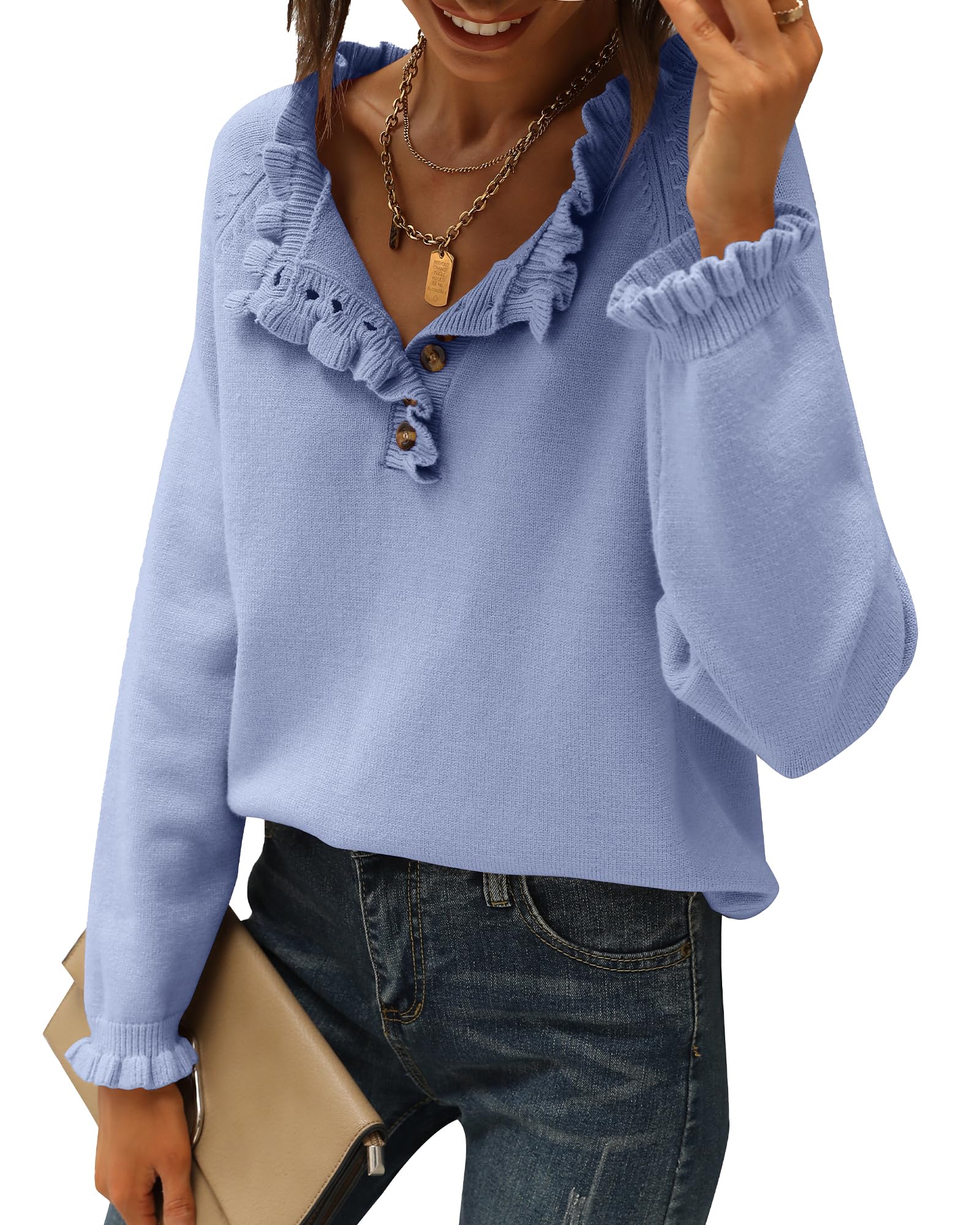 FreshPretty Womens Sweaters Fall Winter Clothes Long Sleeve Button Down Ruffle Crew Neck Casual Knitted Pullover Tops
