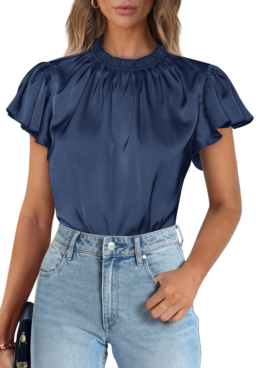 PRETTYGARDEN Business Casual Tops for Women Blouses Dressy  Summer Short Sleeve Ruffle Satin Work Office Attire