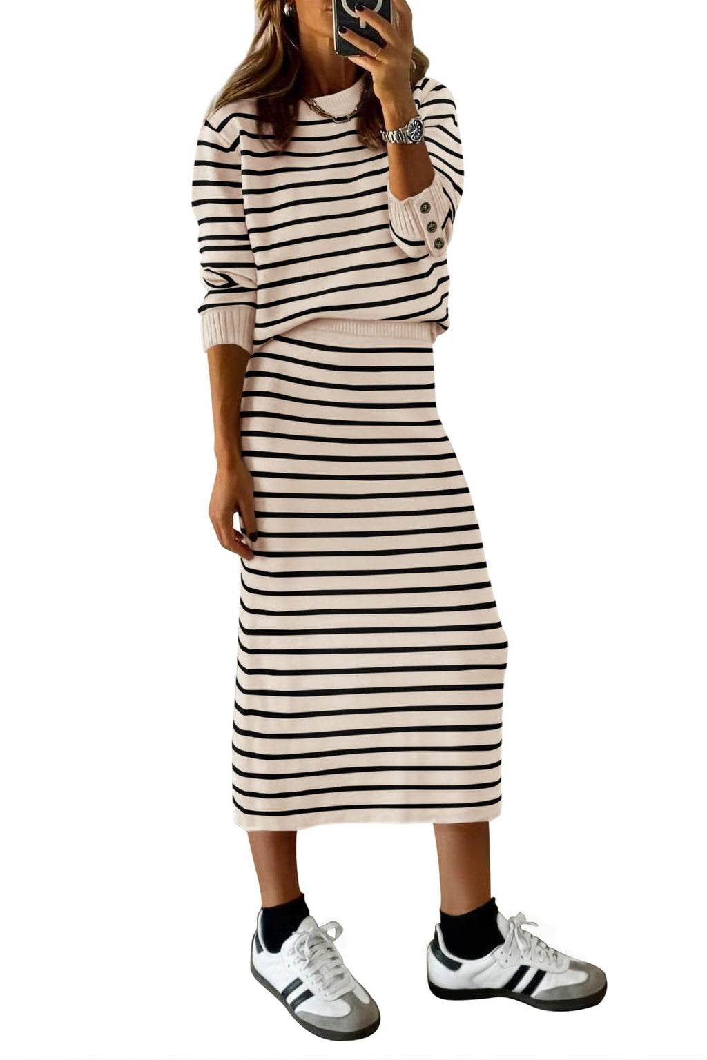 PRETTYGARDEN 2 Piece Skirts Sets For Women Fall Fashion Striped Sweater Dress Knit Lounge Travel Outfits Winter Clothing