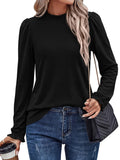 FreshPretty Long Sleeve Tops for Women Business Casual Blouses,Lightweight Knit Work Shirts,Frill Mock Neck Fitted Ruched Office Blouses,Ruffle Cuffs,Keyhole Back,Fall Fashion Clothes