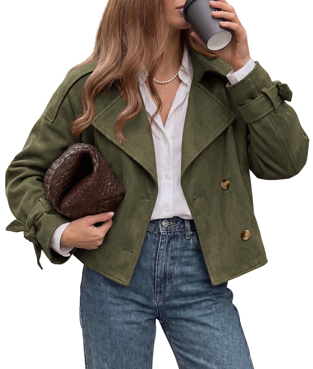 PRETTYGARDEN Women Faux Suede Double Breasted Trench Coat Cropped Jackets Raglan Long Sleeve,Lapel,Tie Cuff,Button Down,Fall Fashion Outerwear,Winter Clothes,Work Office Casual Short Jacket