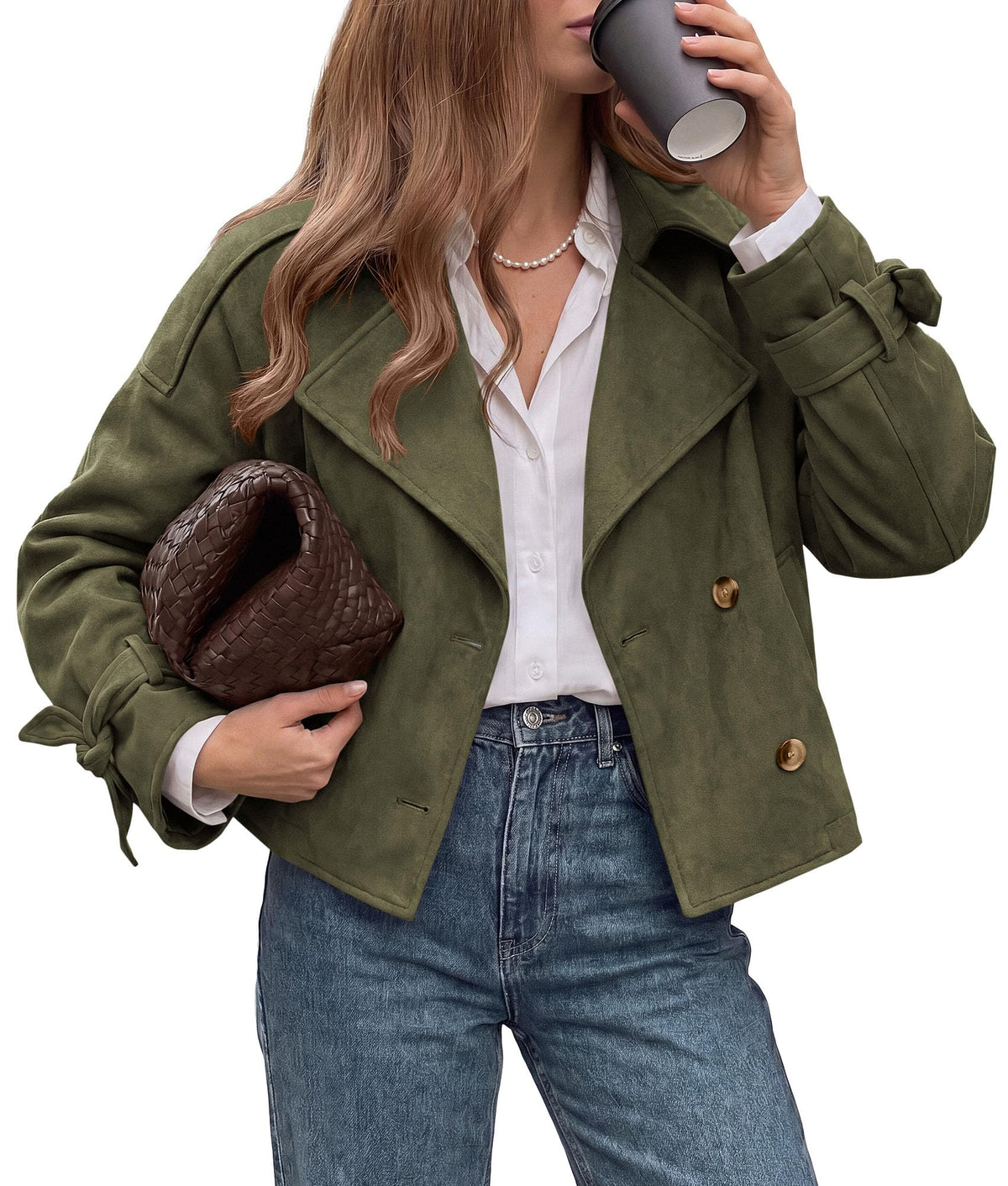 PRETTYGARDEN Women Faux Suede Double Breasted Trench Coat Cropped Jackets Raglan Long Sleeve,Lapel,Tie Cuff,Button Down,Fall Fashion Outerwear,Winter Clothes,Work Office Casual Short Jacket