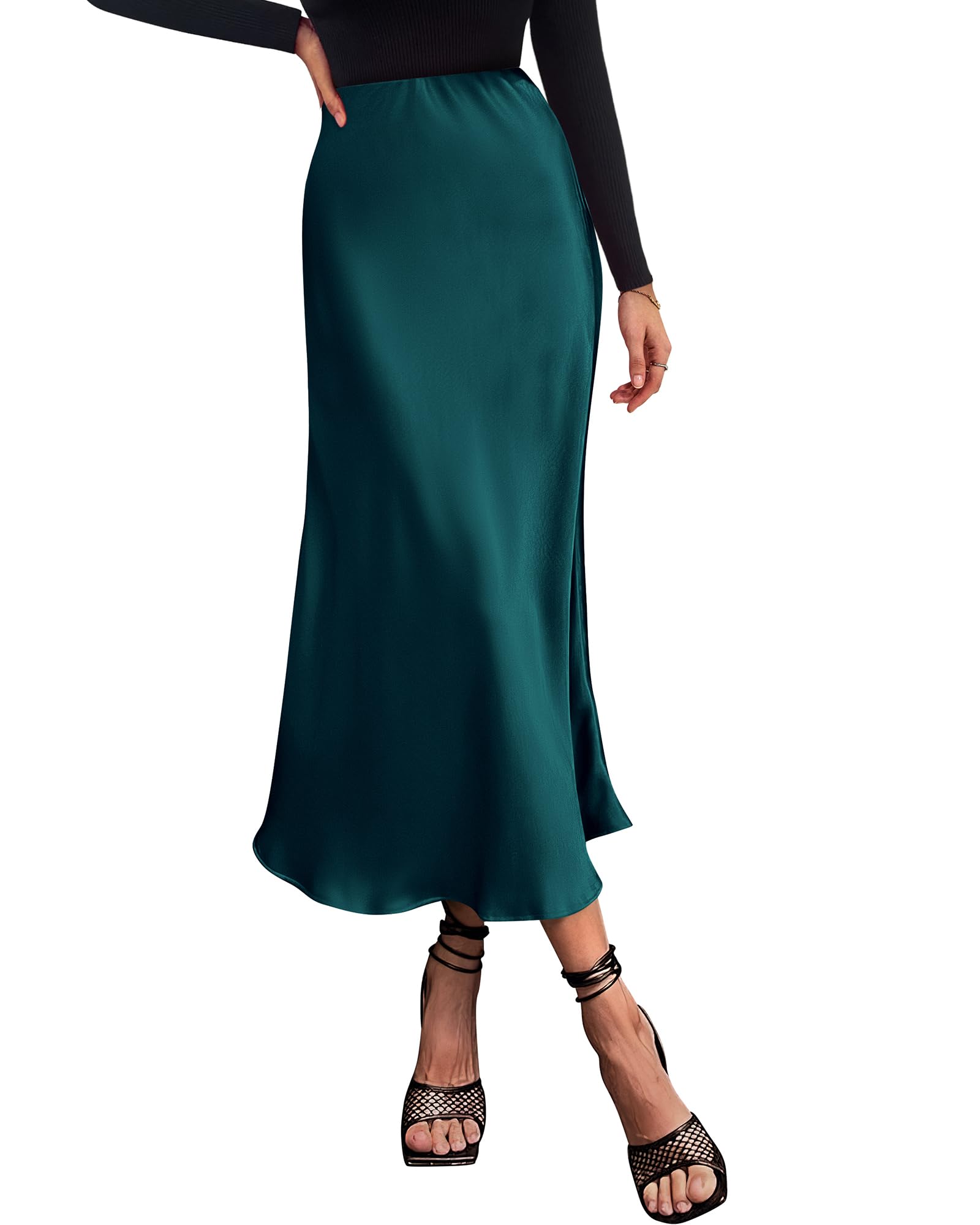 BTFBM Summer Womens Skirts Silk Elegant High Waist Flowy Long Satin A-Line Midi Skirt Cocktail Wedding Party