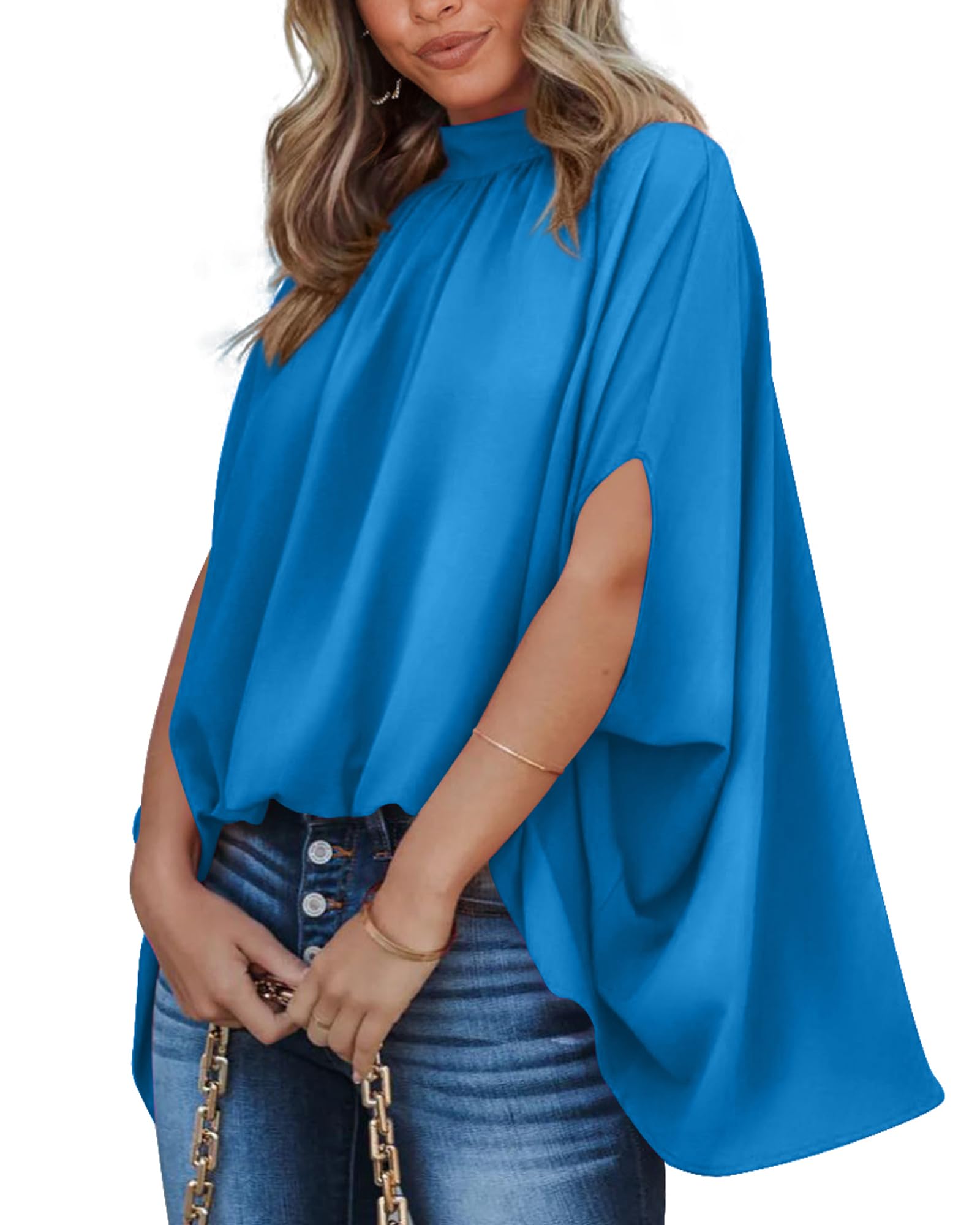 FreshPretty Womens Summer Tops Fall Mock Neck Batwing Sleeve Shirts Loose High Low Hem Oversized Dressy Casual Blouses