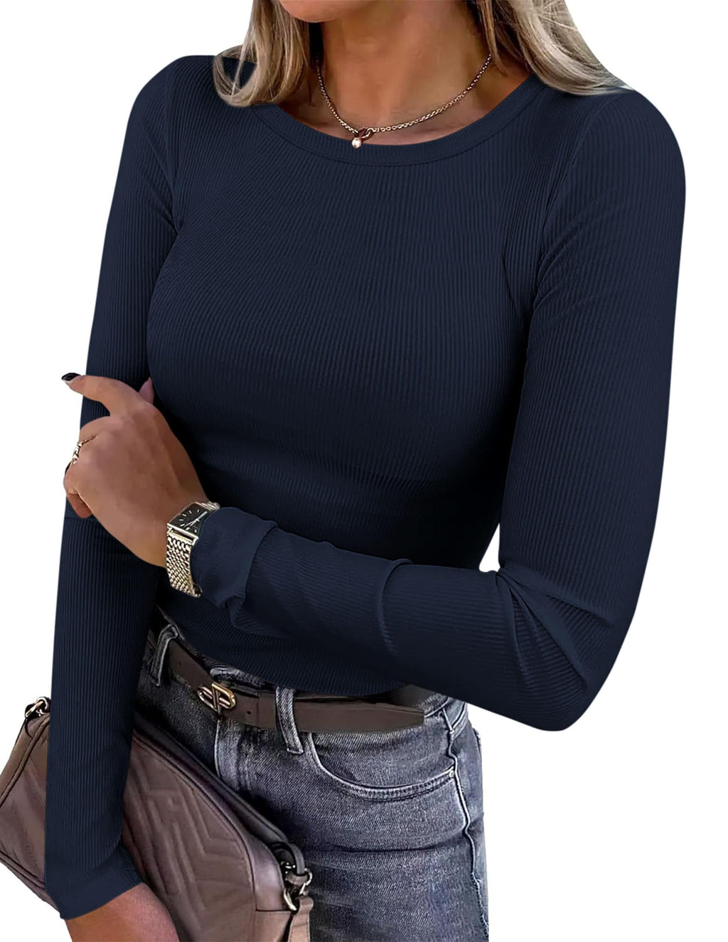 PRETTYGARDEN Women Fall Clothes Long Sleeve Shirts Ribbed Knit Fitted Basic Tee Going Out Tops Underscrub Casual Outfits