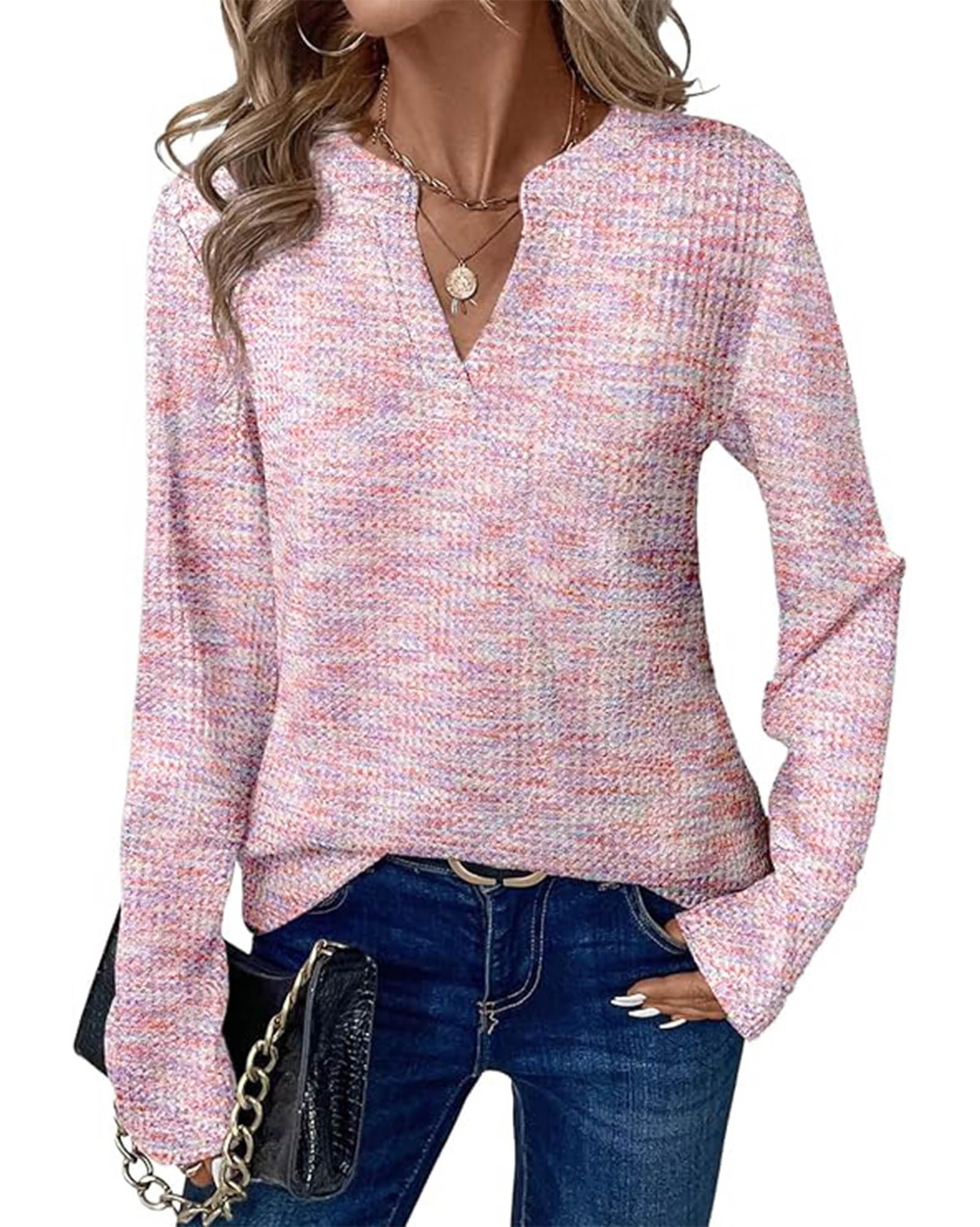 FreshPretty Waffle Knit Tops V Neck Long Sleeve Blouses for Women Dressy Casual Henley Work Shirts Spring Fall Clothes