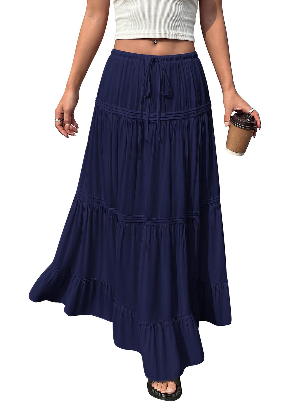 BTFBM Spring Skirts for Women Summer Boho Beach Vacation Clothes Casual Pleated High Waisted Flowy Maxi Skirt