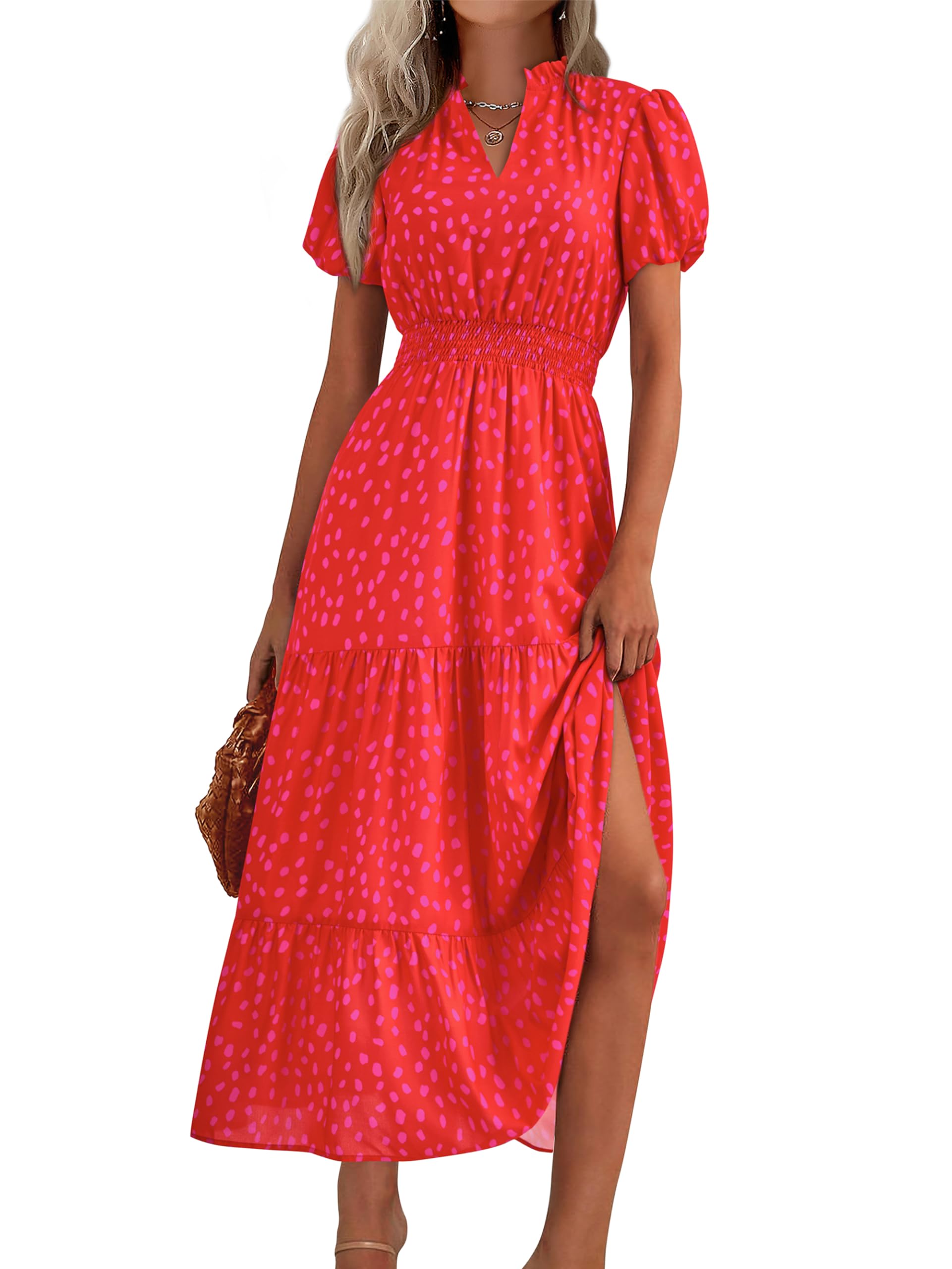 PRETTYGARDEN Summer Maxi Dresses for Women  Casual V Neck Puff Short Sleeve Smocked Flowy Beach Boho Long Floral Dress