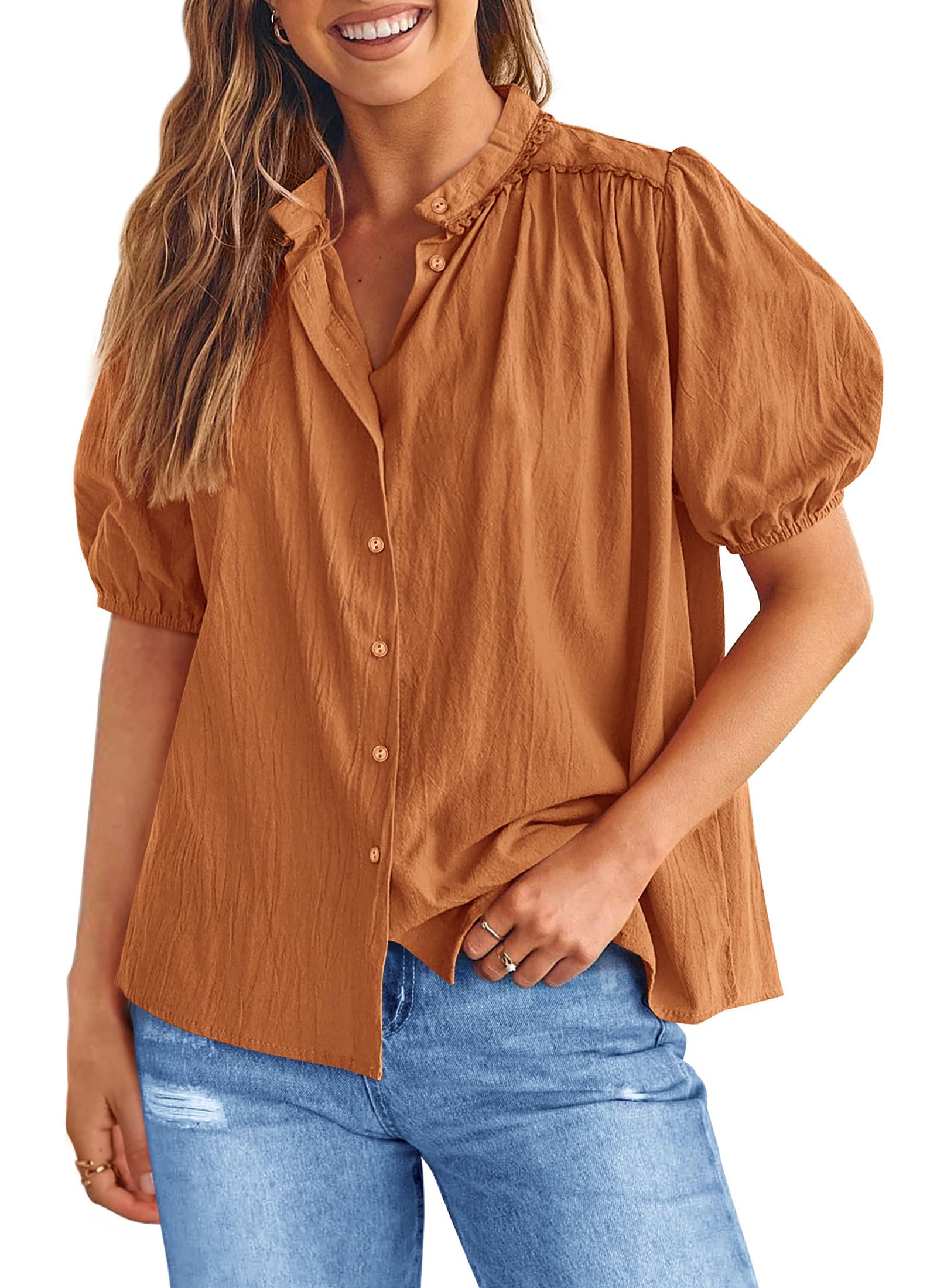 PRETTYGARDEN Women's Summer Button Down Shirts Short Lantern Sleeve V Neck Cotton Cute Dressy Casual Ladies Tops Blouses