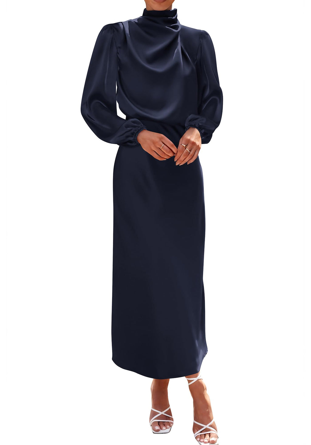 BTFBM Womens Mock Neck Satin Dress Spring Summer Long Sleeve Lightweight Formal Wedding Party Maxi Cocktail Dresses