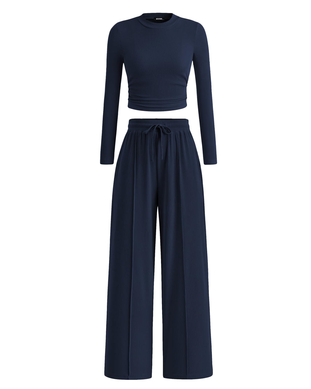 BTFBM Casual 2 Piece Sets For Women Fall Outfits Ribbed Spring Long Sleeve Crop Top Wide Leg Pants Matching Lounge Set