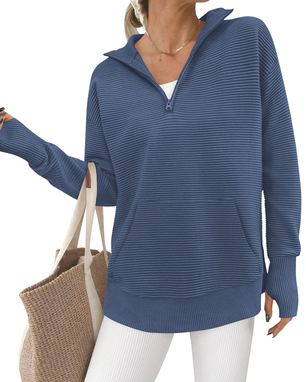 BTFBM Sweaters for Women Fall Clothes Pocket Quarter Zip Pullover V Neck Long Sleeve Knit Trendy Winter Sweater