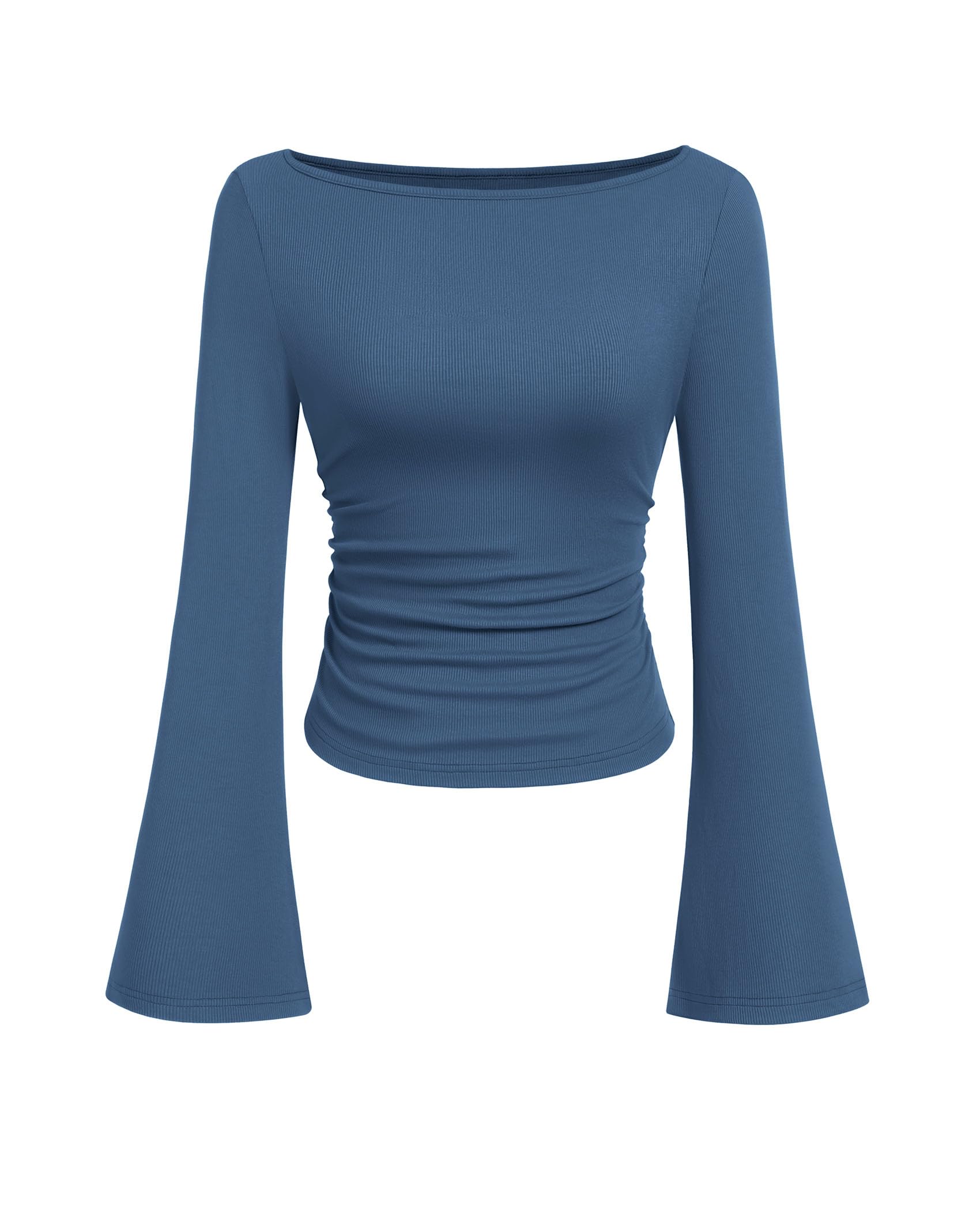 PRETTYGARDEN Women's Long Sleeve Shirts Fall Crop Going Out Tops Casual Boat Neck Bell Sleeve Ribbed Ruched Y2K Clothes