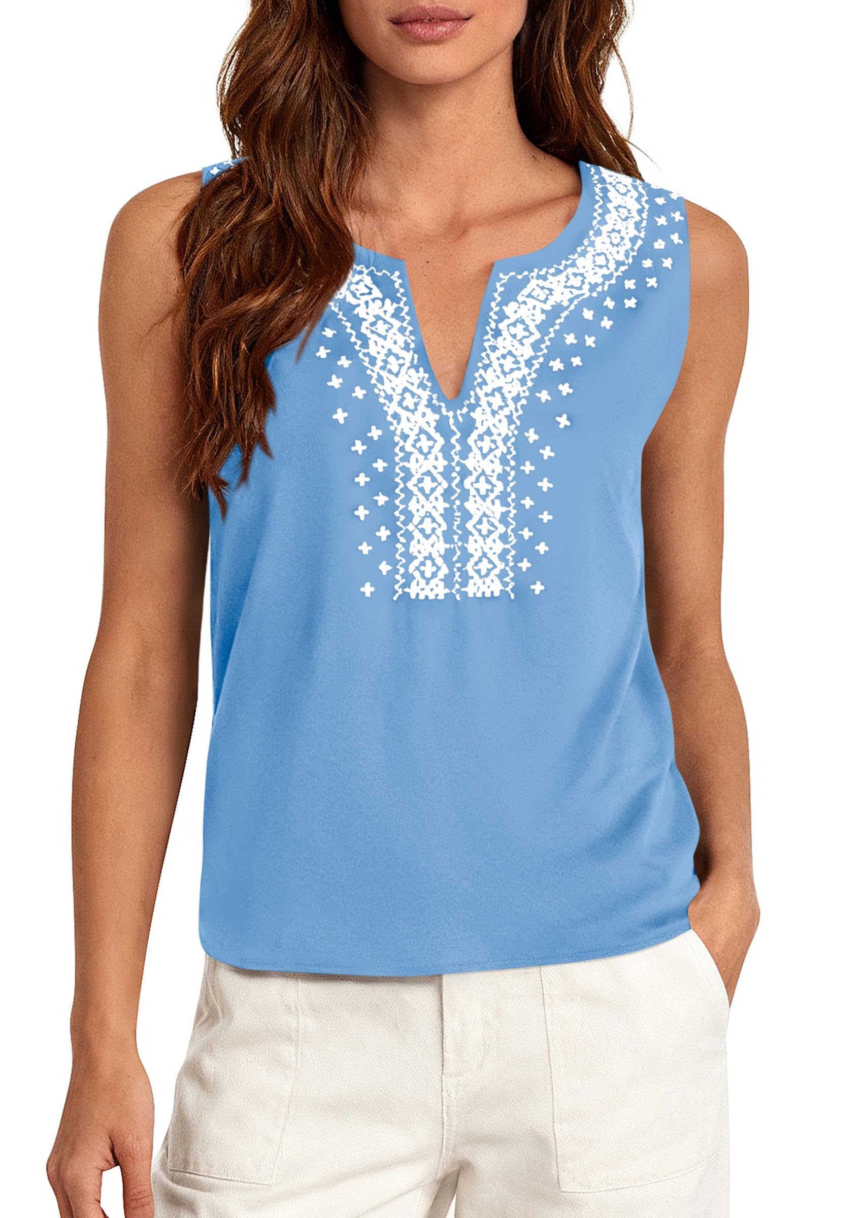 PRETTYGARDEN Womens Tank Tops Summer Causal V Neck Sleeveless Shirts Floral Print Embroidered Beach Vacation Boho Top