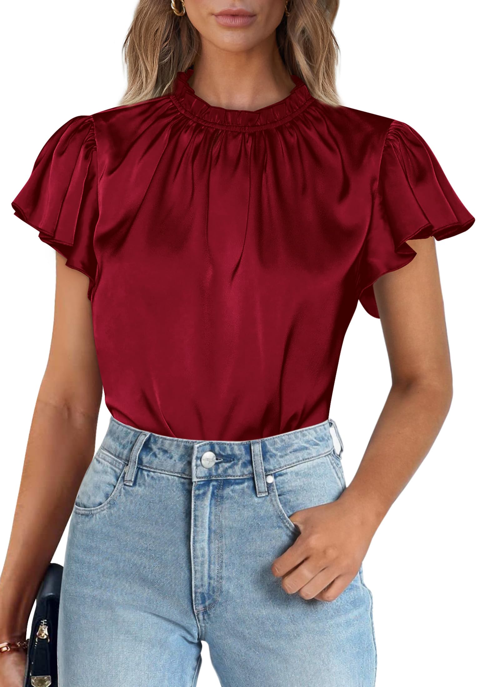 PRETTYGARDEN Business Casual Tops for Women Blouses Dressy  Summer Short Sleeve Ruffle Satin Work Office Attire