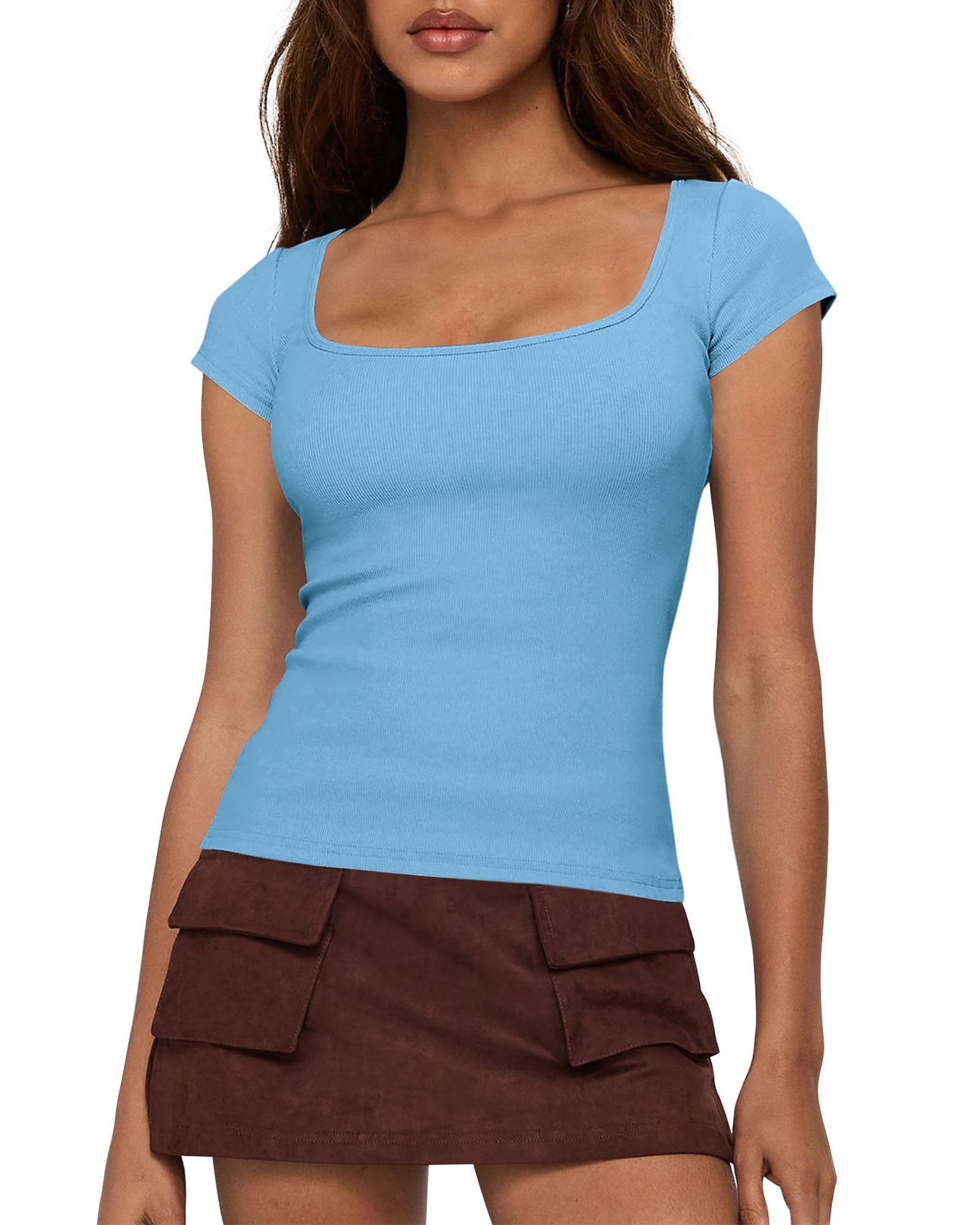 FreshPretty T Shirts for Women Square Neck Tops Spring Trendy Fashion Going Out Workout Y2k Clothes Summer Outfits