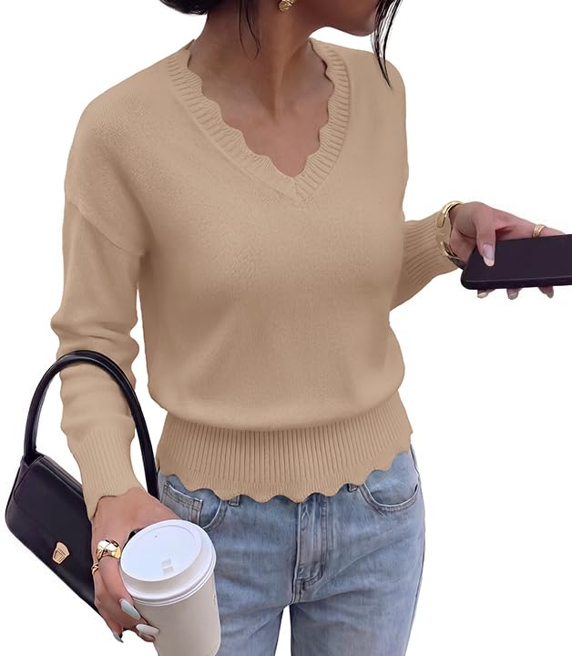 BTFBM Fall Long Sleeve Sweaters for Women | V Neck,Drop Shoulders,Scallop Edges,Lightweight Knit Sweaters Top,Daily Wear,Holiday,Christmas,Winter Clothing