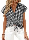 PRETTYGARDEN Womens Short Sleeve Shirts Plaid Button Down Blouse Dressy Casual Summer Spring Business Gingham Work Tops