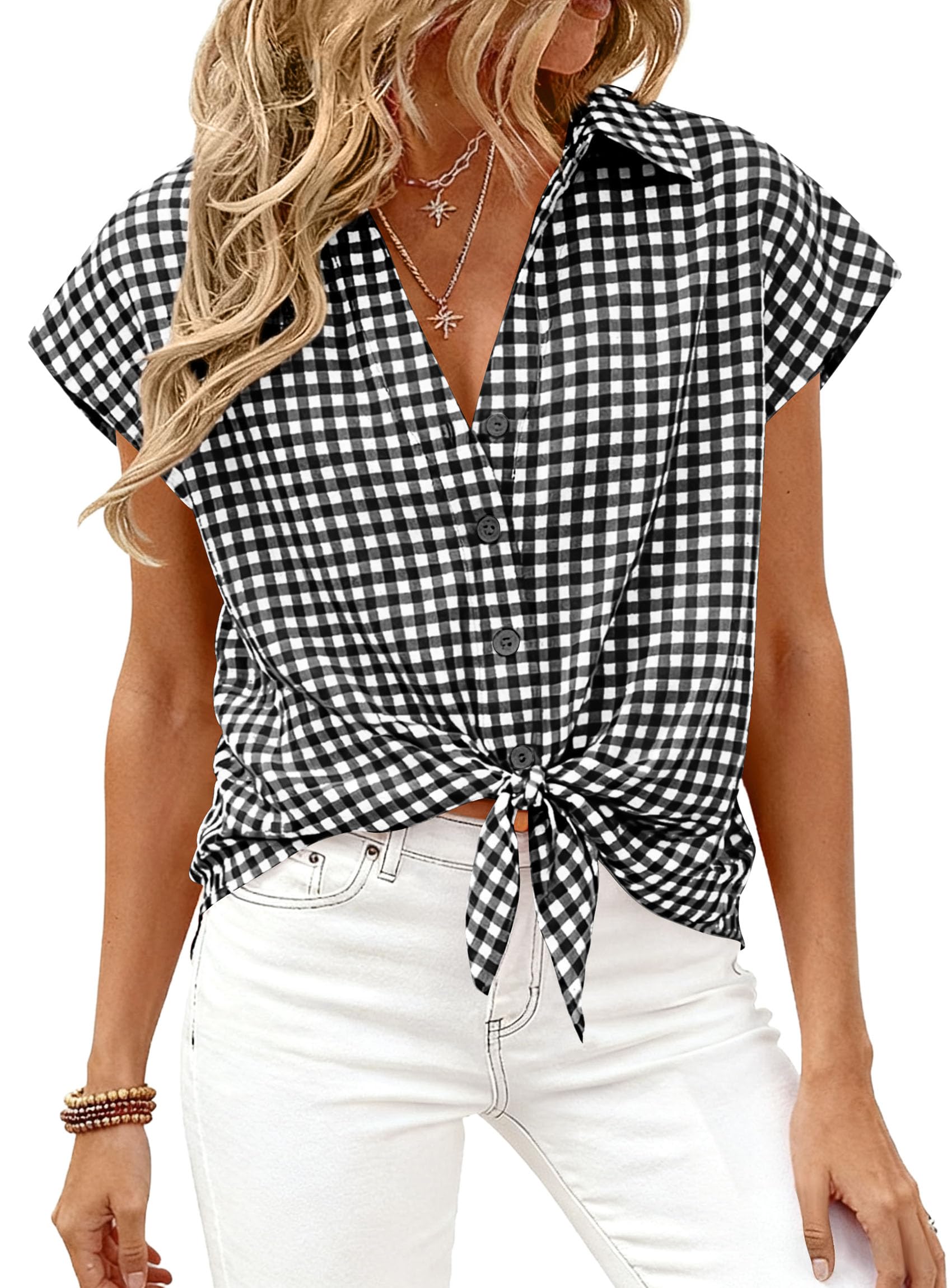 PRETTYGARDEN Womens Short Sleeve Shirts Plaid Button Down Blouse Dressy Casual Summer Spring Business Gingham Work Tops