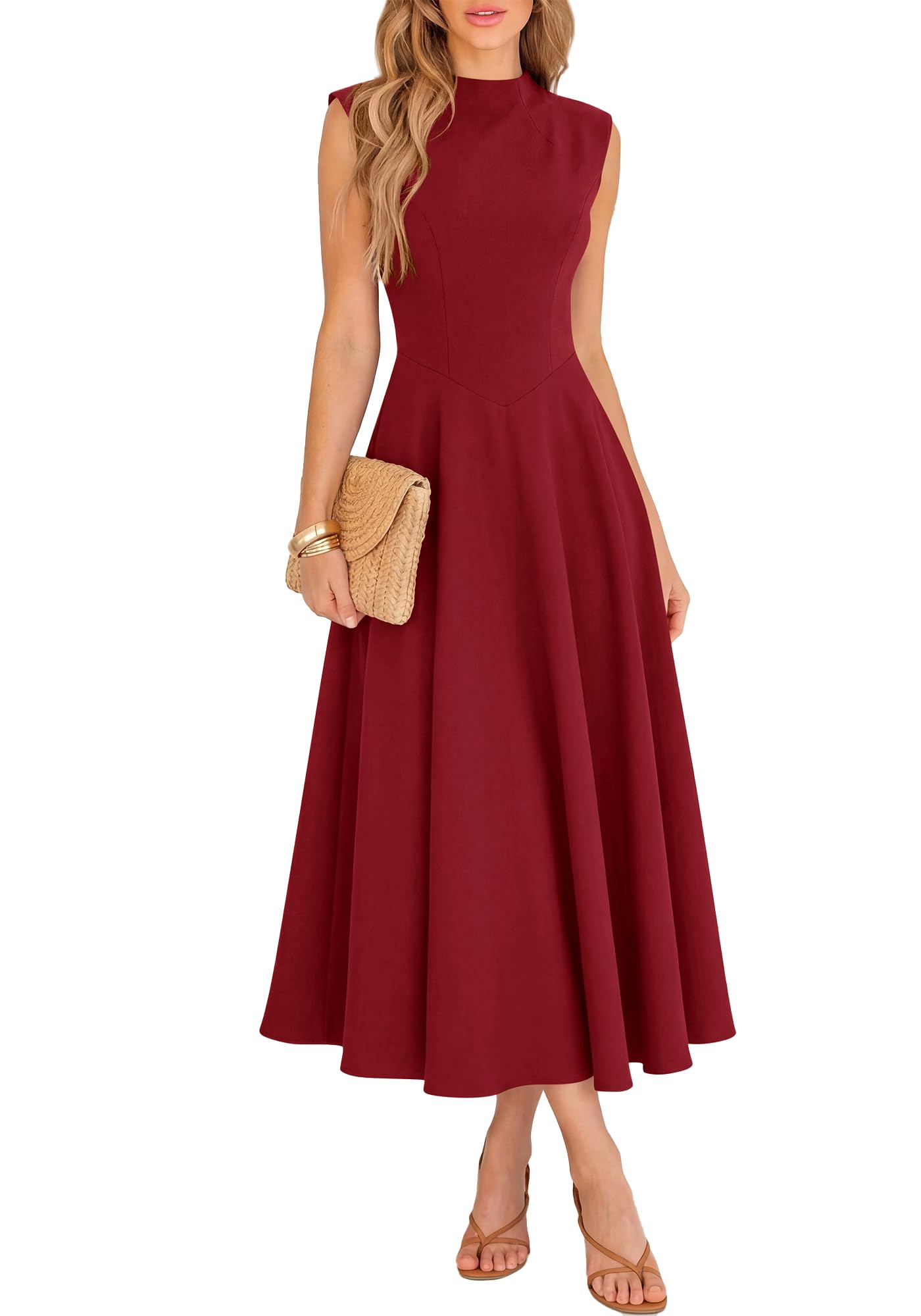 BTFBM Summer Dresses for Women Mock Neck Sleeveless High Waist Flowy Aline Maxi Spring Wedding Guest Dress Cocktail