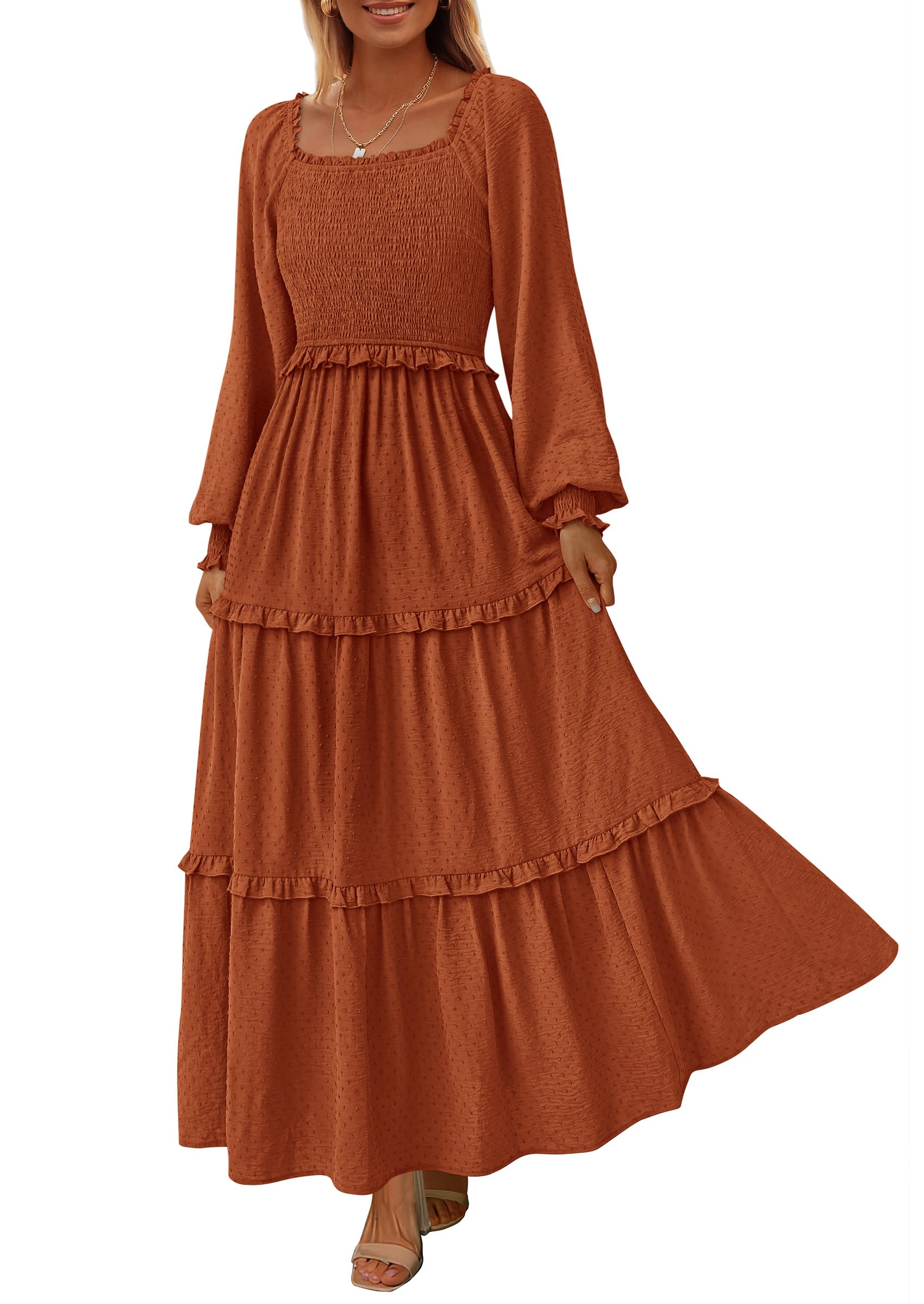 PRETTYGARDEN Fall Dresses for Women Long Sleeve Smocked Square Neck Swiss Dot Tiered Flowy Wedding Guest Maxi Dress