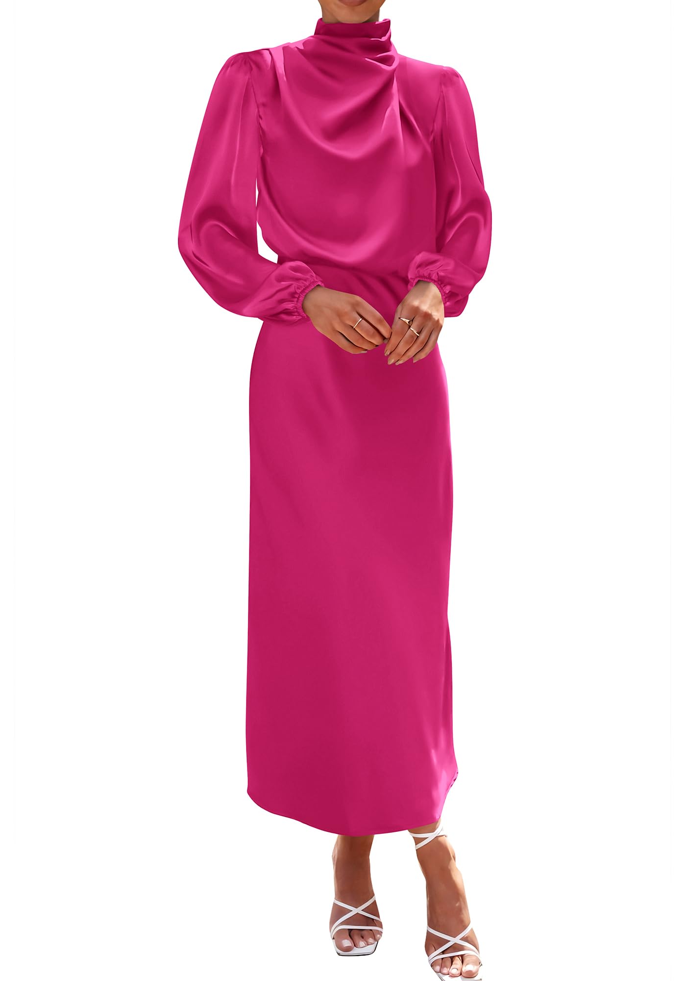 BTFBM Womens Mock Neck Satin Dress Spring Summer Long Sleeve Lightweight Formal Wedding Party Maxi Cocktail Dresses