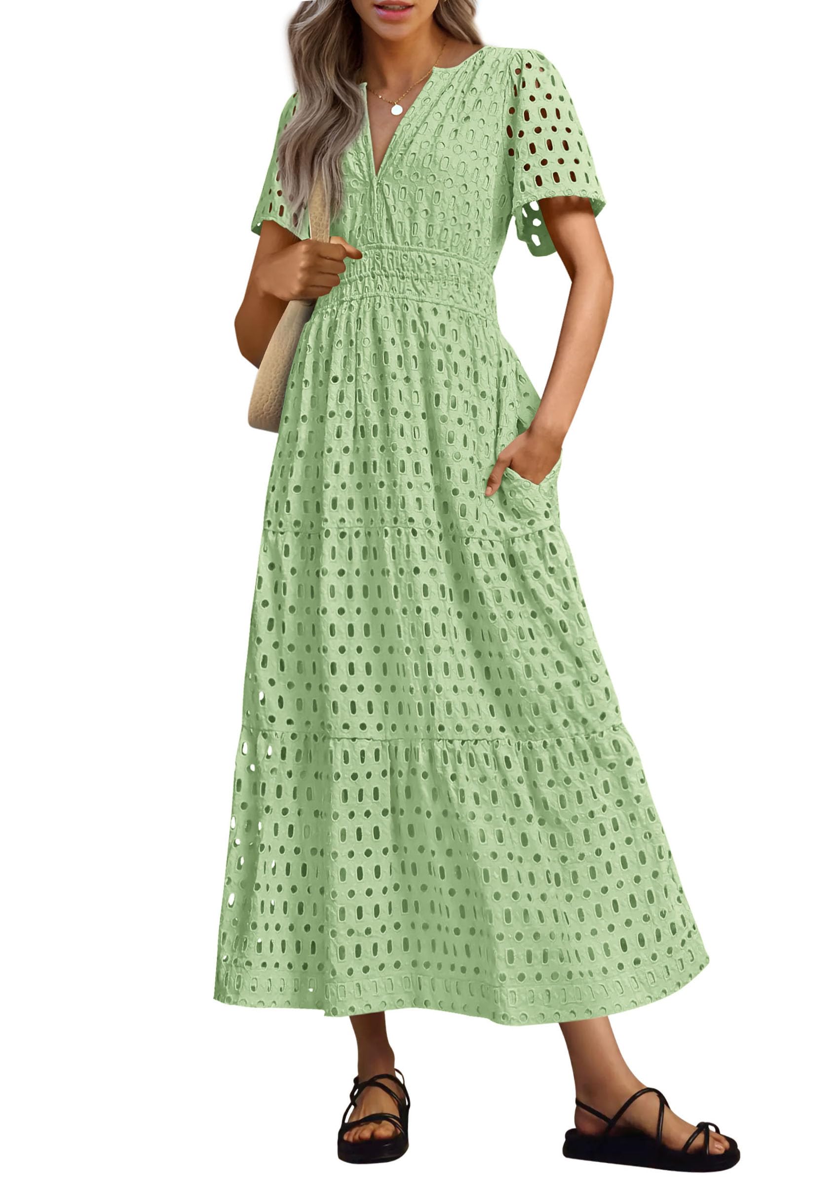 PRETTYGARDEN Womens Summer Maxi Dress Short Sleeve V Neck Hollow Out Eyelet A Line Long Flowy Beach Vacation Dresses