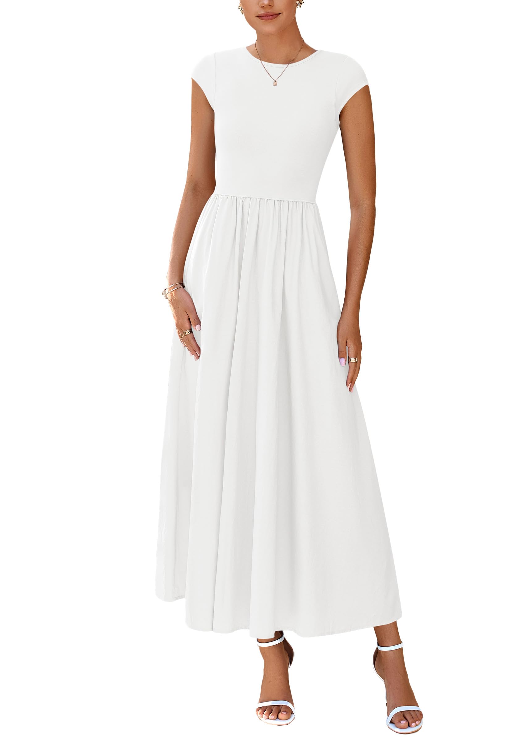PRETTYGARDEN Women's Summer Casual Long Dresses Cap Sleeve Patchwork A Line Flowy Modest Elegant Homecoming Maxi Dress