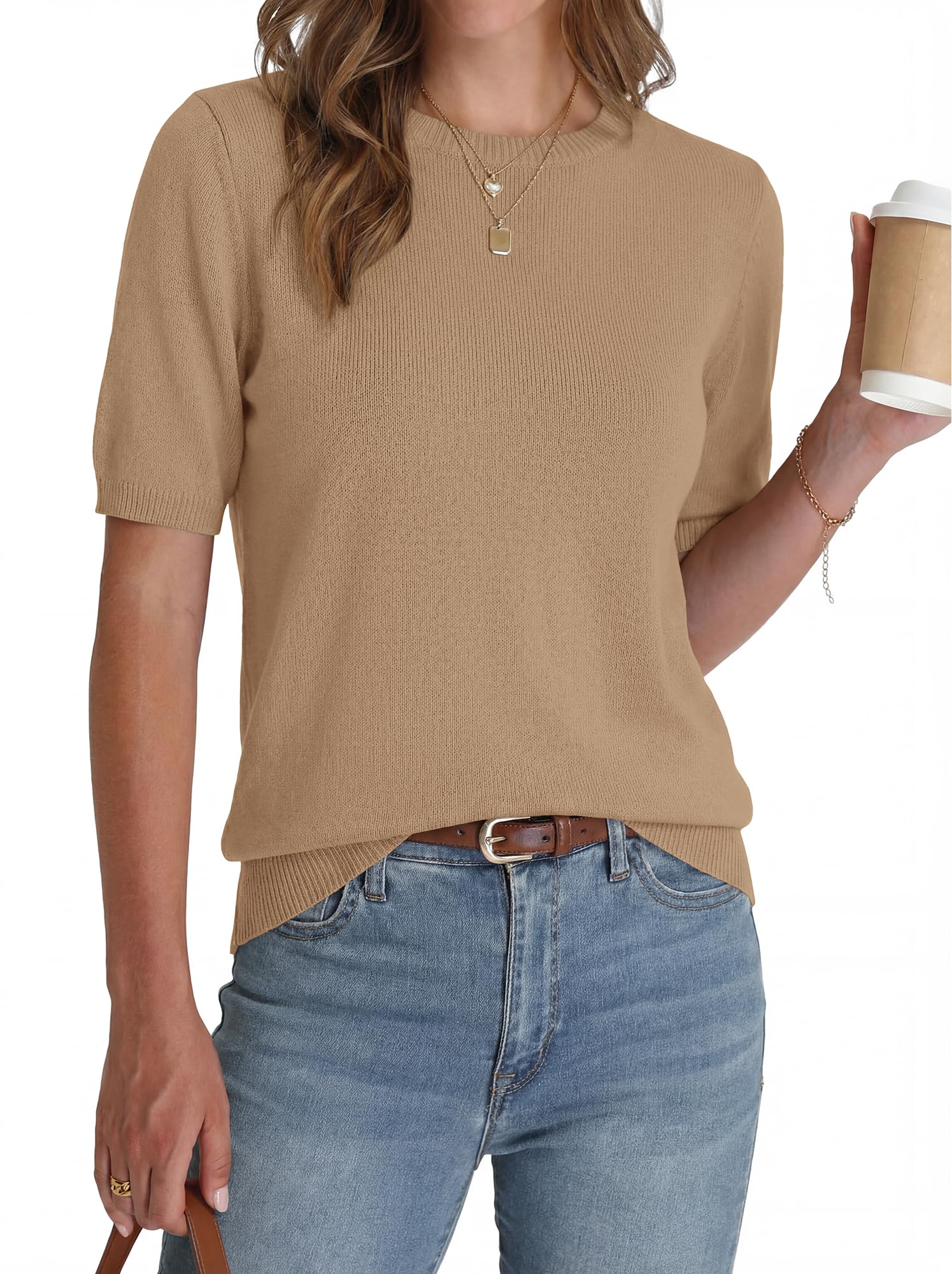 FreshPretty Short Sleeve Sweater for Women Spring Tops Crew Neck Lightweight Pullover Loose Dressy Casual Blouse Basic Clothes