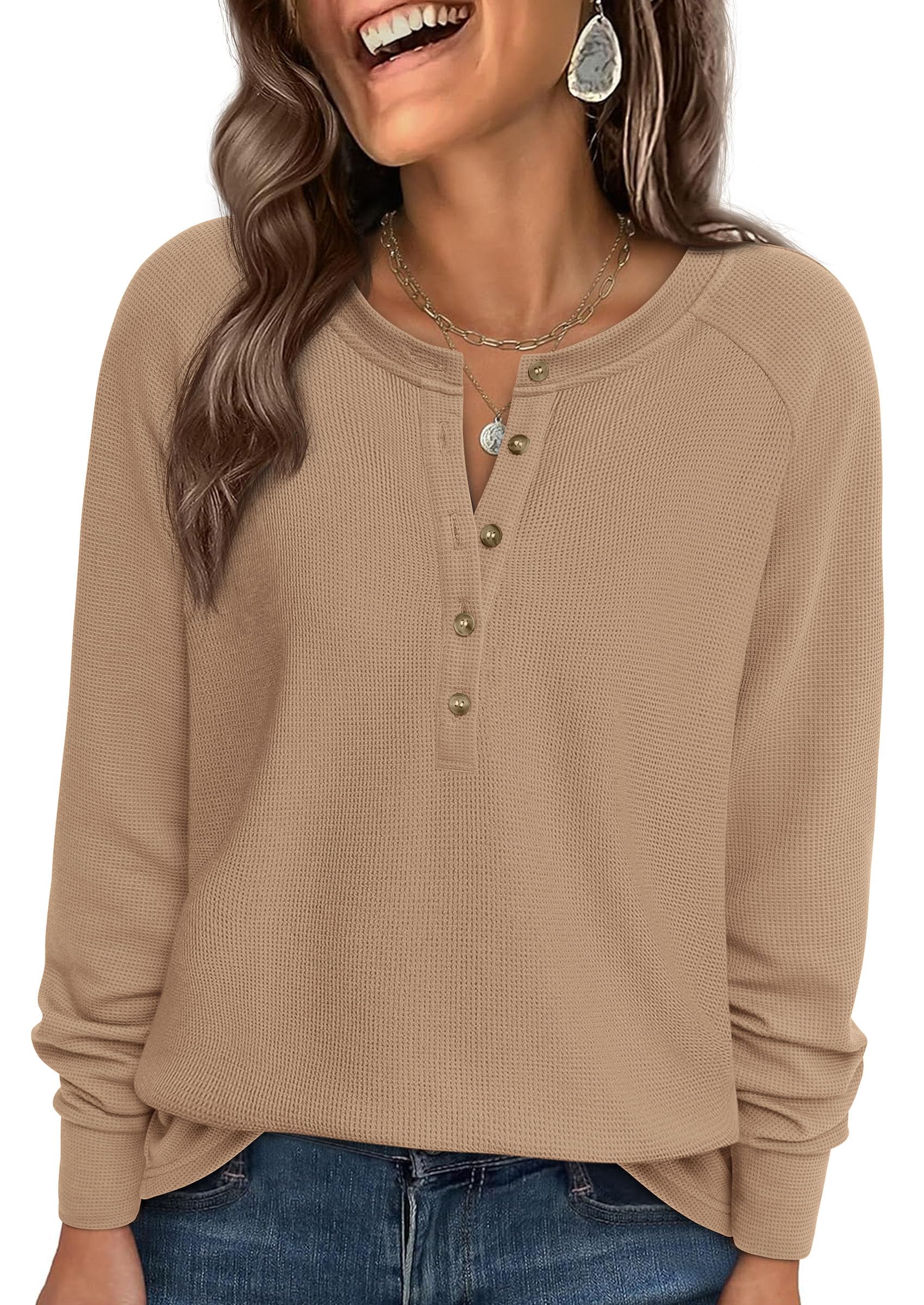 PRETTYGARDEN Women's Long Sleeve Waffle Knit Shirts Fall Casual Button Up Henley V Neck Tunic Tops Loose Fit Basic Tees