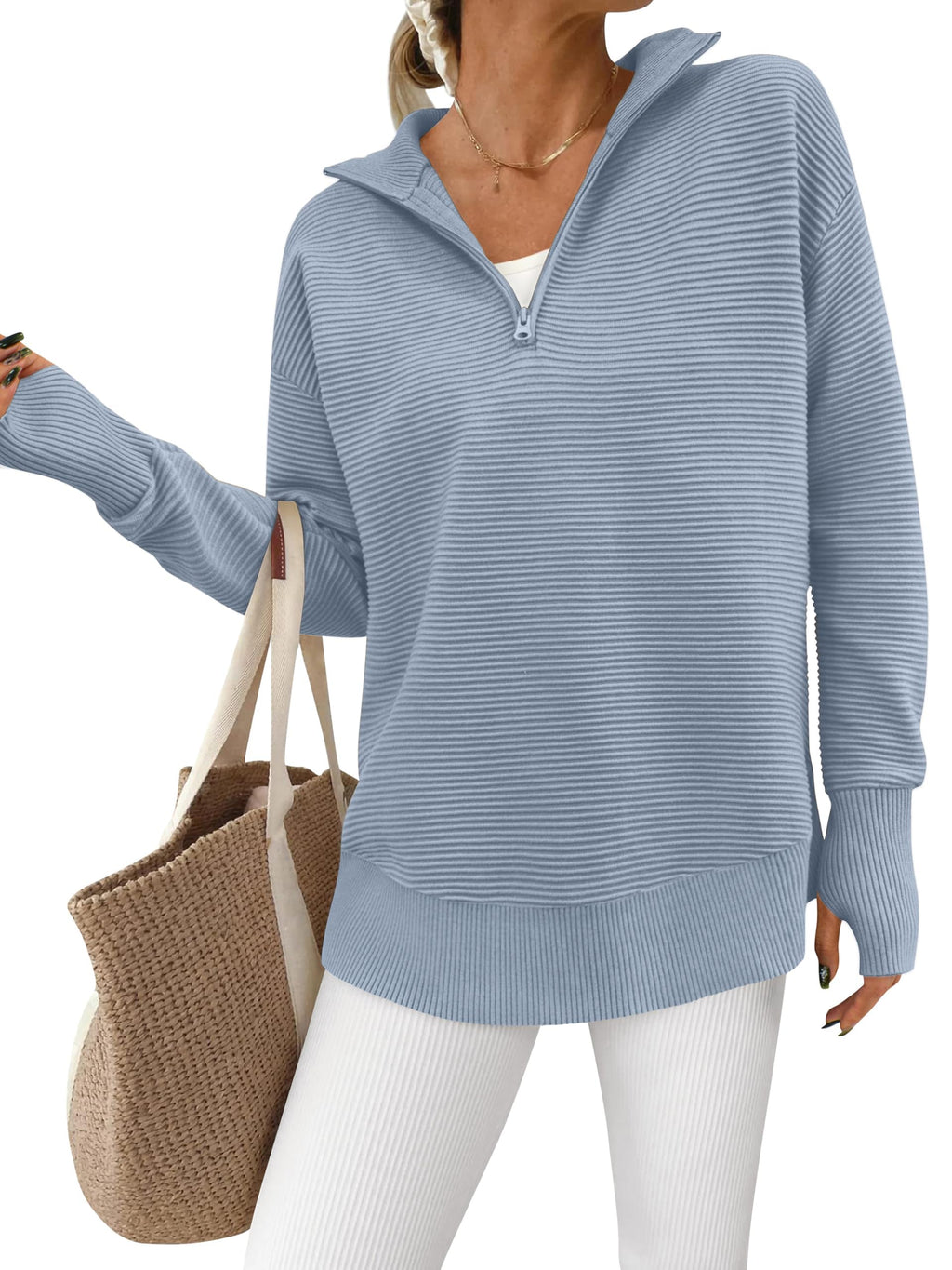 PRETTYGARDEN Womens Long Sleeve Quarter Zip Pullover Sweater Casual Loose V Neck Collared Ribbed Knit Jumper Tops Thumb Hole