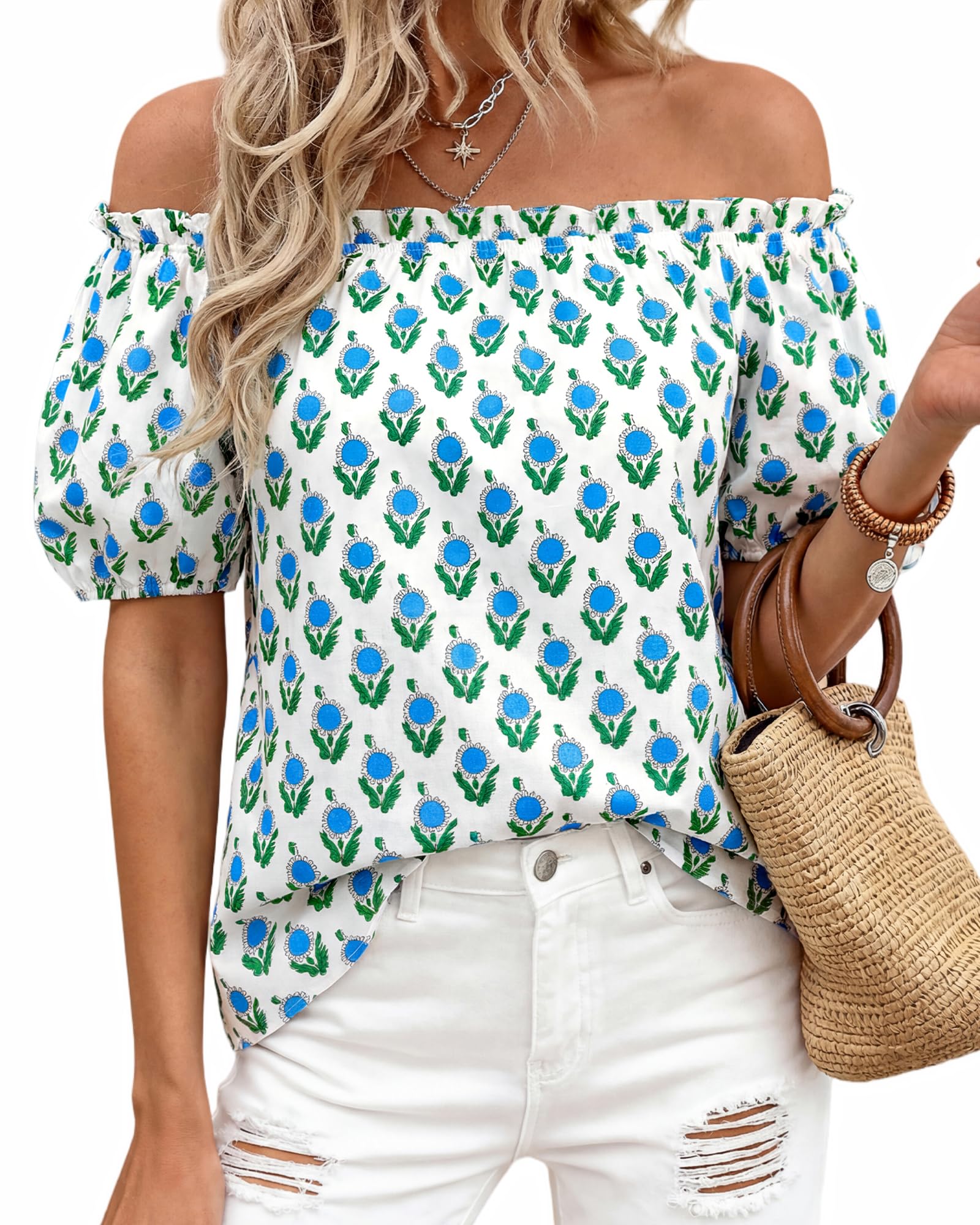 BTFBM Off The Shoulder Spring Tops for Women Summer Blouses Boho Floral Short Sleeve Shirts Dressy Casual Outfits