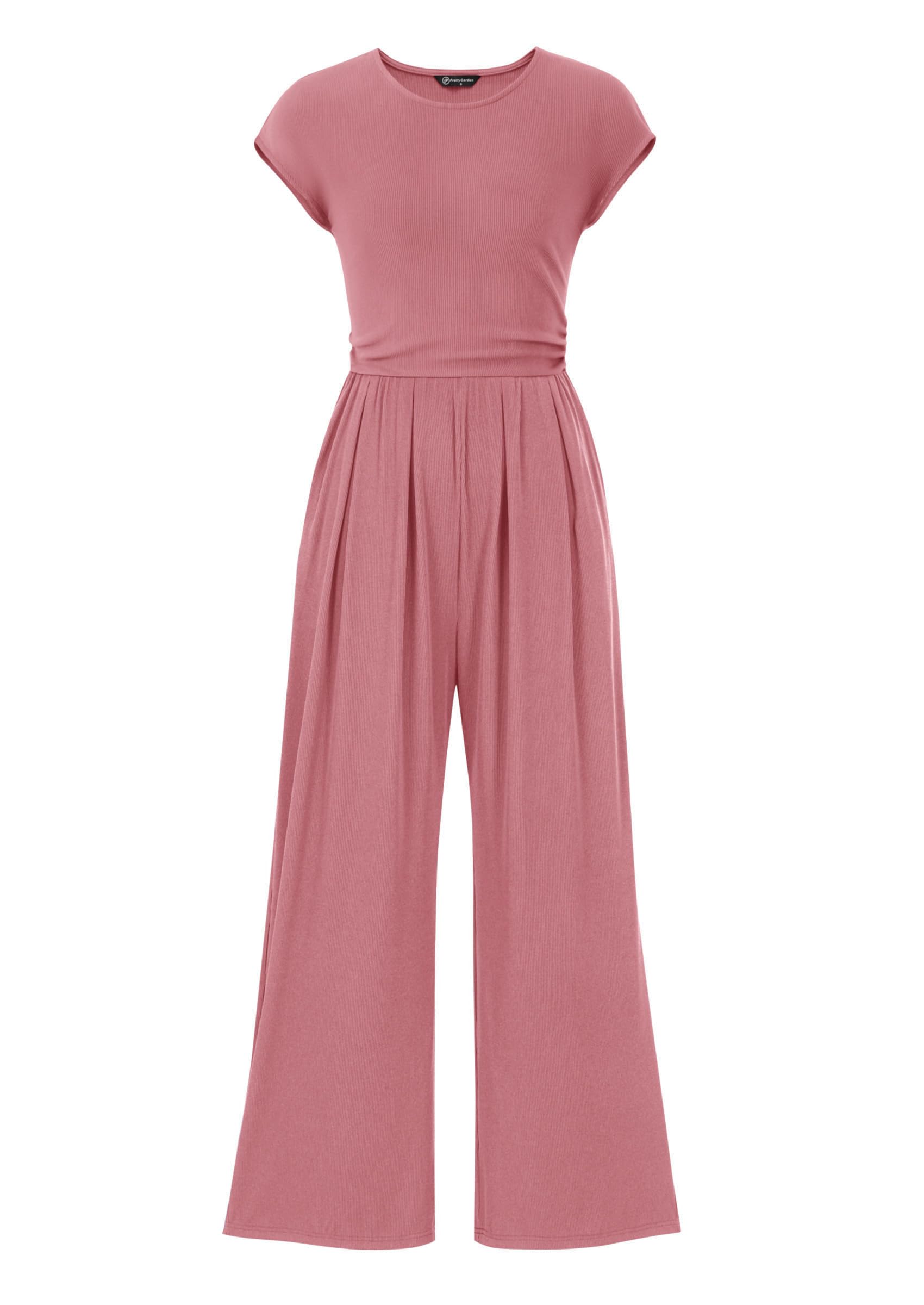 PRETTYGARDEN Summer Jumpsuits for Women Dressy Ribbed Cap Sleeve Wide Leg Pants Rompers Elegant Casual One Piece Outfits