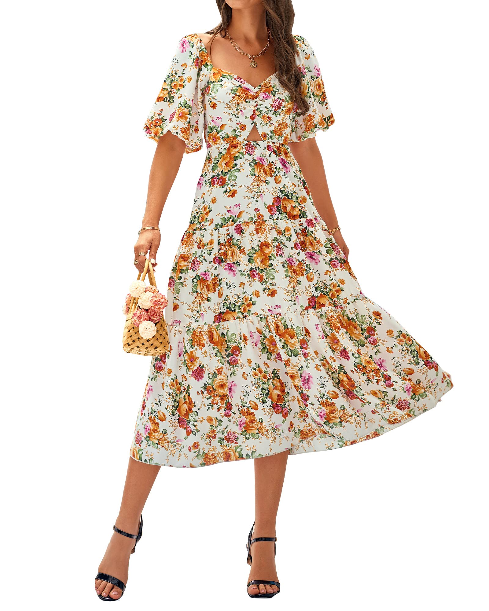 FreshPretty Women Summer Dresses Casual Flowy Beach Square Neck Puff Short Sleeve Smocked Back Boho Floral Long Maxi Dress
