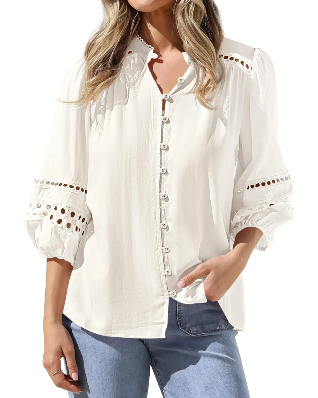 BTFBM 3/4 Length Sleeve Womens Tops Summer Blouses Eyelet Hollow Out Button Down Shirts Business Casual Outfits