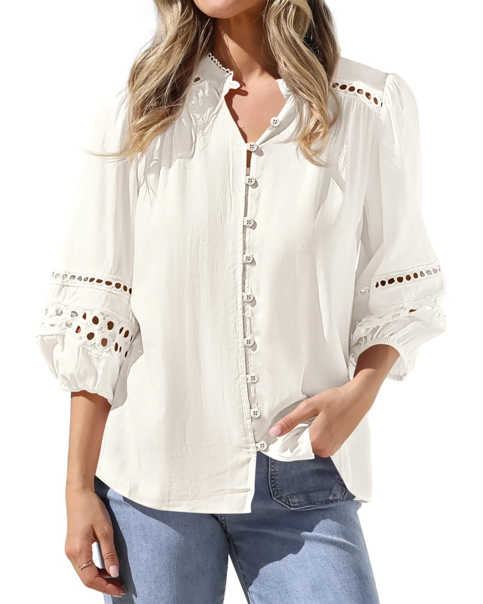 BTFBM 3/4 Length Sleeve Womens Tops Summer Blouses Eyelet Hollow Out Button Down Shirts Business Casual Outfits