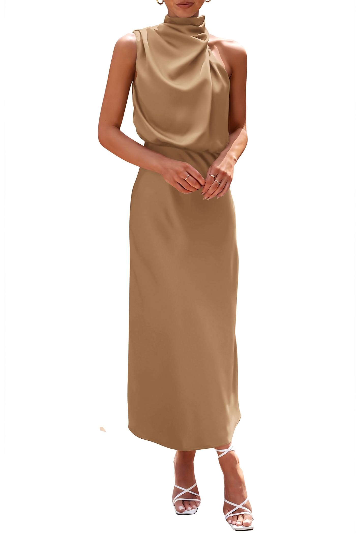 PRETTYGARDEN Women's Summer Satin Dress Elegant Sleeveless Mock Neck Cocktail Party Maxi Dresses