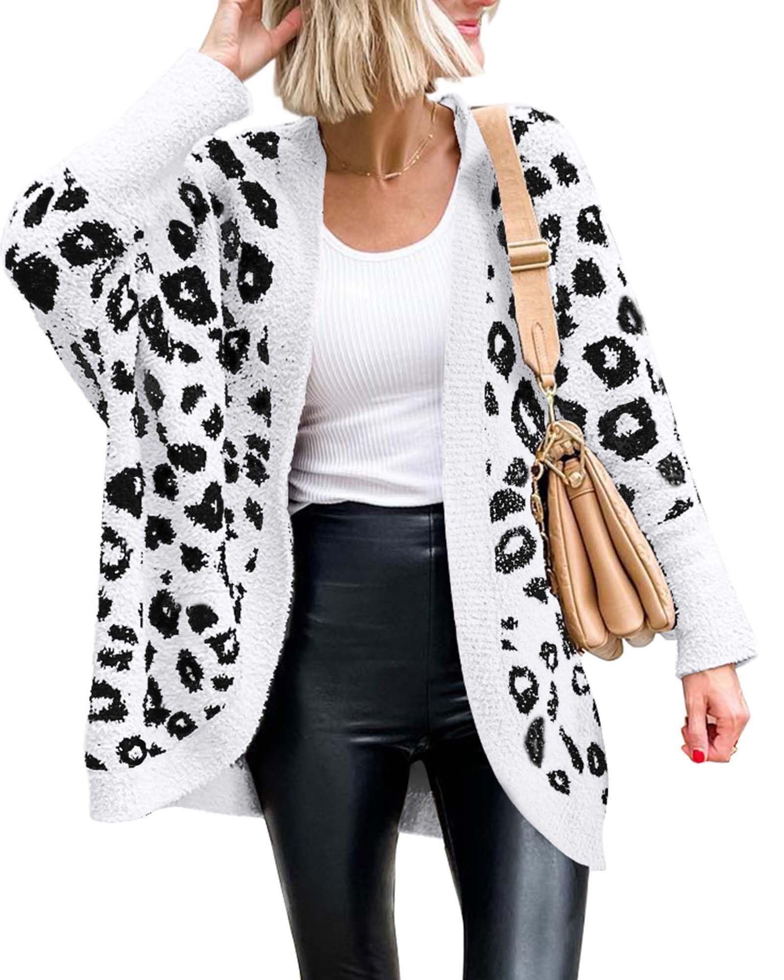 FreshPretty Leopard Cardigan for Women Long Sleeve Open Front Cardigans Sweaters Pockets Loose Knit Fall Winter Outwear