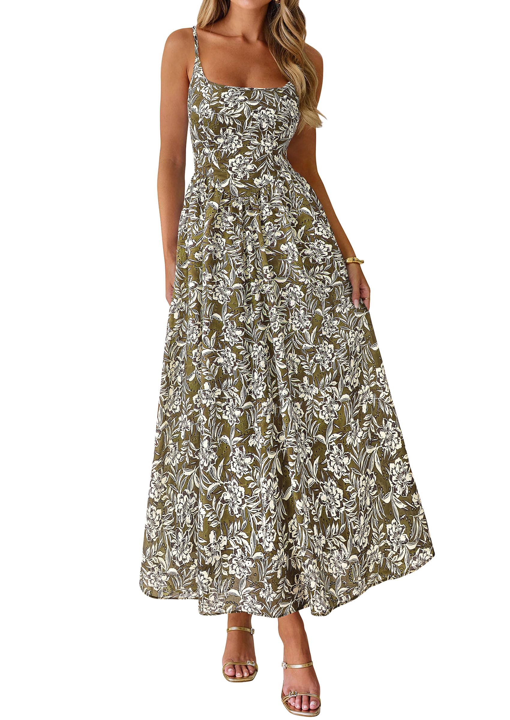 PRETTYGARDEN Womens Spring Boho Maxi Dress Eyelet Floral Long Flowy Sundresses Summer Beach Vacation Clothes