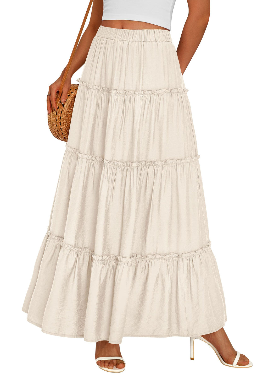 PRETTYGARDEN Women's Tiered Maxi Skirt Summer Spring Fashion High Waisted Long Flowy Casual Boho Beach Vacation Clothes