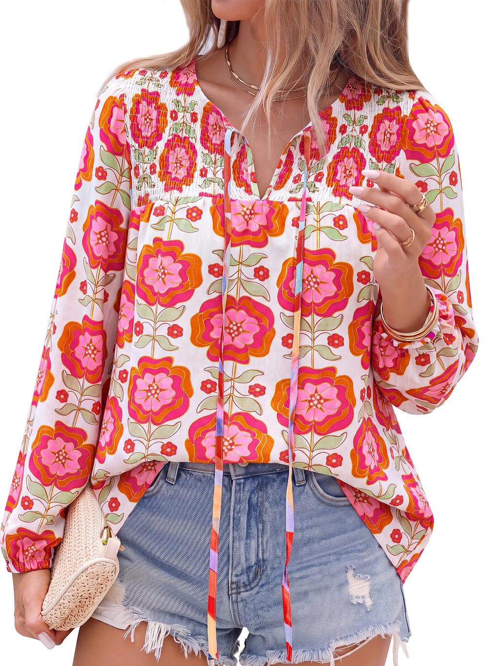 FreshPretty Boho Tops for Women Trendy Fall V Neck Floral Peasant Blouse,Lightweight Soft Puff Long Sleeve Shirts,Smocked Self-Tie Polka Dot Loose Work Blouses,Casual Daily Travel Vacation Outfits